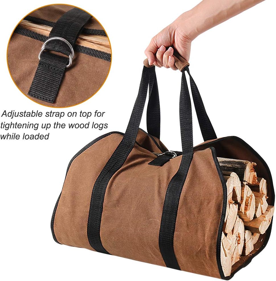 Firewood Carrier, 38in x 18in 16oz Waxed Canvas Log Carrier for Firewood, Wood Carrying Bag with Handles Securing Straps for Indoors Camping Trip, Gifts for Men Dad Husband (Brown)