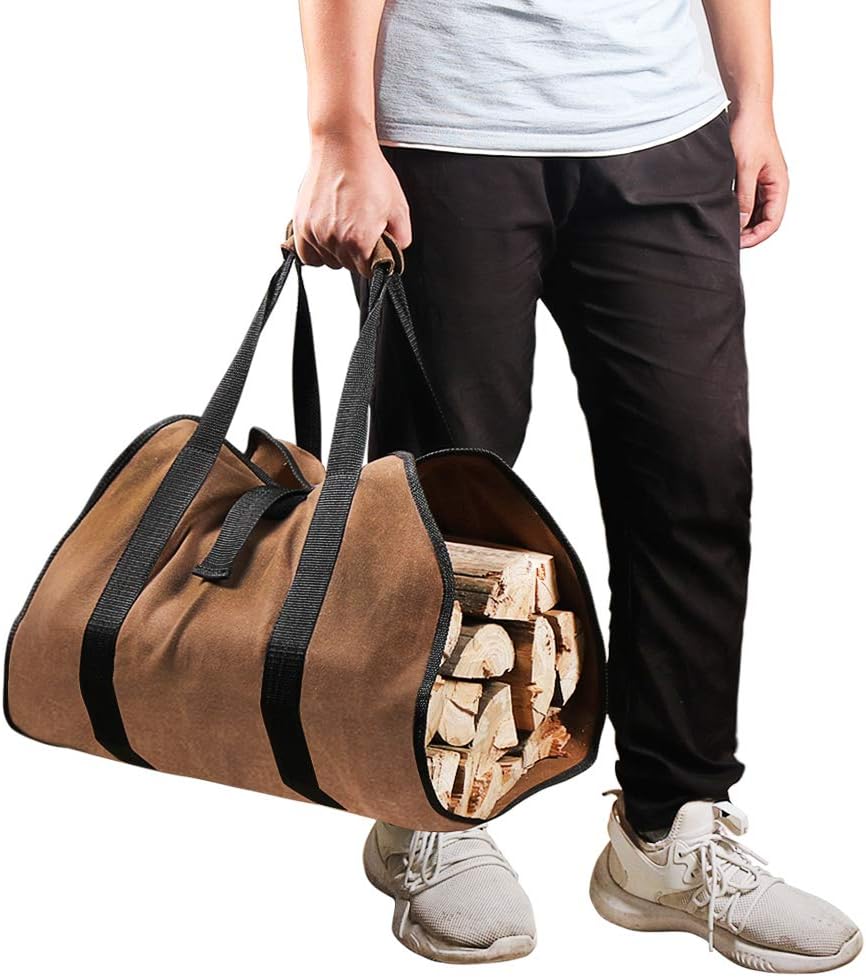 Firewood Carrier, 38in x 18in 16oz Waxed Canvas Log Carrier for Firewood, Wood Carrying Bag with Handles Securing Straps for Indoors Camping Trip, Gifts for Men Dad Husband (Brown)