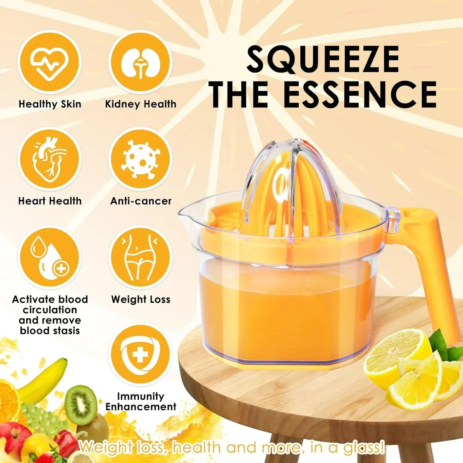 Lemon Squeezer 4-in-1 Lemon Hand Juicer -  Manual Orange Juicer Multifunctional Lemons Lime Squeezer, Citrus Juicers Press Fruit with Detachable Comfortable Handle, 16.9oz Capacity (ORANGE)