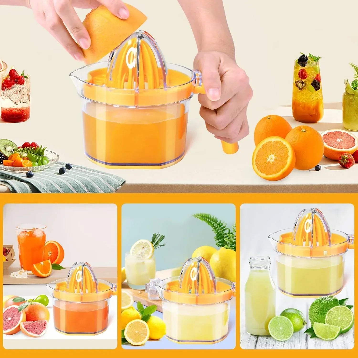 Lemon Squeezer 4-in-1 Lemon Hand Juicer -  Manual Orange Juicer Multifunctional Lemons Lime Squeezer, Citrus Juicers Press Fruit with Detachable Comfortable Handle, 16.9oz Capacity (ORANGE)