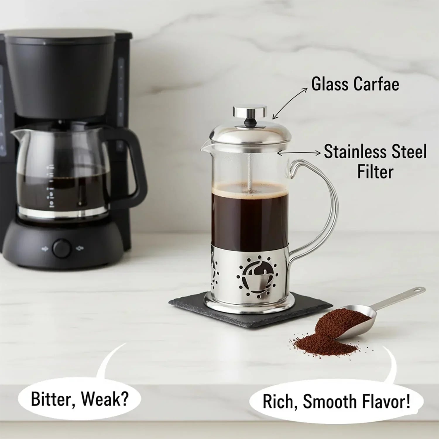 Single Serve French Press Coffee Maker – 12 oz Mini Stainless Steel & Glass Brewer for 1 Cup, Portable & Affordable Manual Coffee Press with Fine Mesh Filter for Home, Travel, or Camping