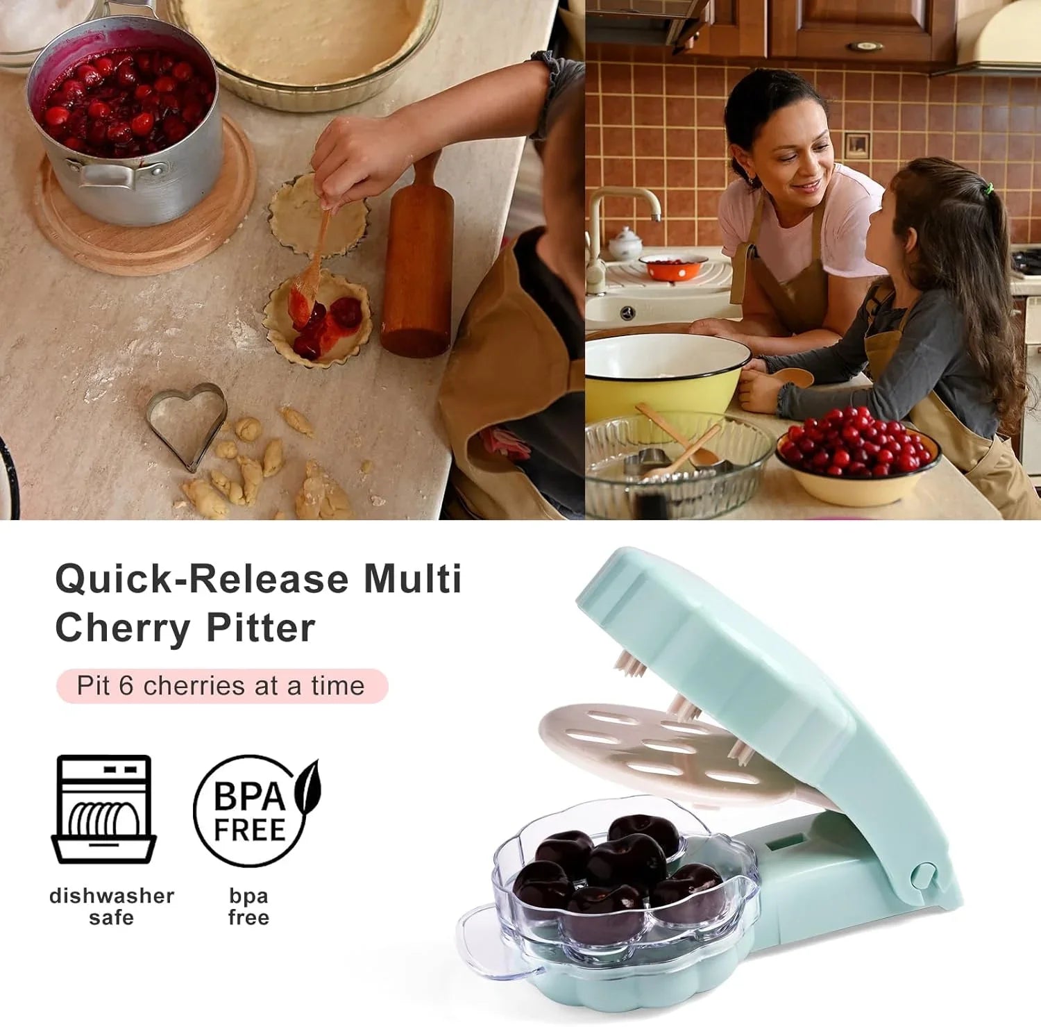 Cherry Pitter for 6 Cherries - Quick & Effortless - Also for Olives - 1 Piece
