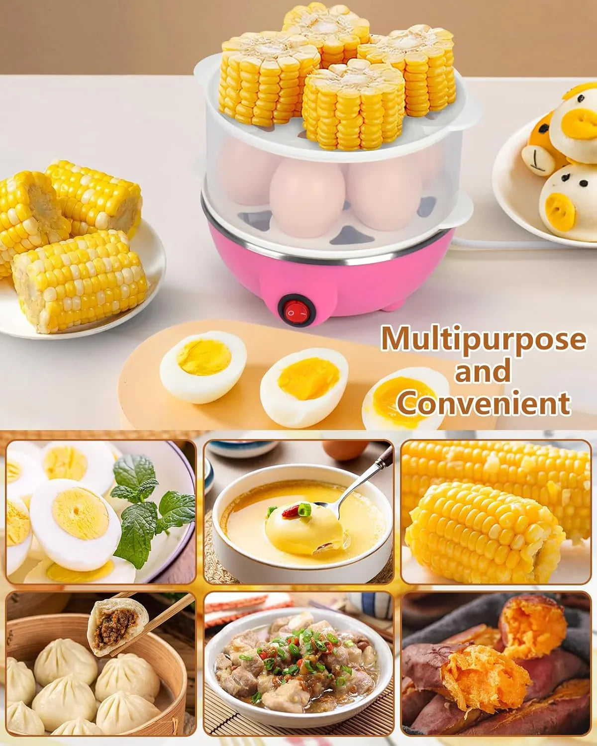 Electric Egg Cooker 14 Egg Capacity Double Layer with Auto Shut-Off Timer 350W Multifunctional for Steaming Eggs Heating Milk Food White