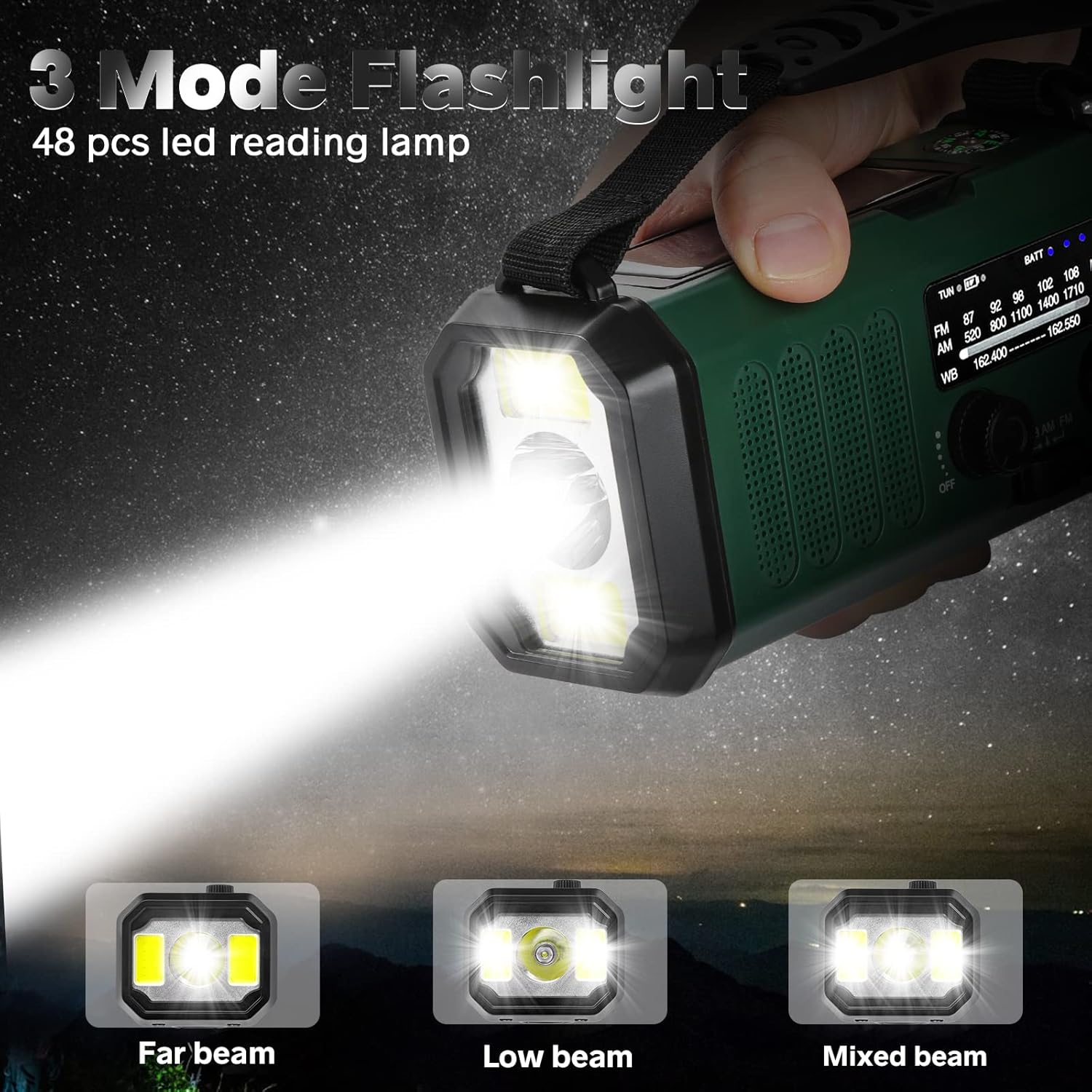 10000mAh Solar Powered Emergency Radio & Power Bank All-in-1 Survival Device with Hand Crank NOAA Alert Powerful Flashlight for Outdoor Camping and Emergency Use