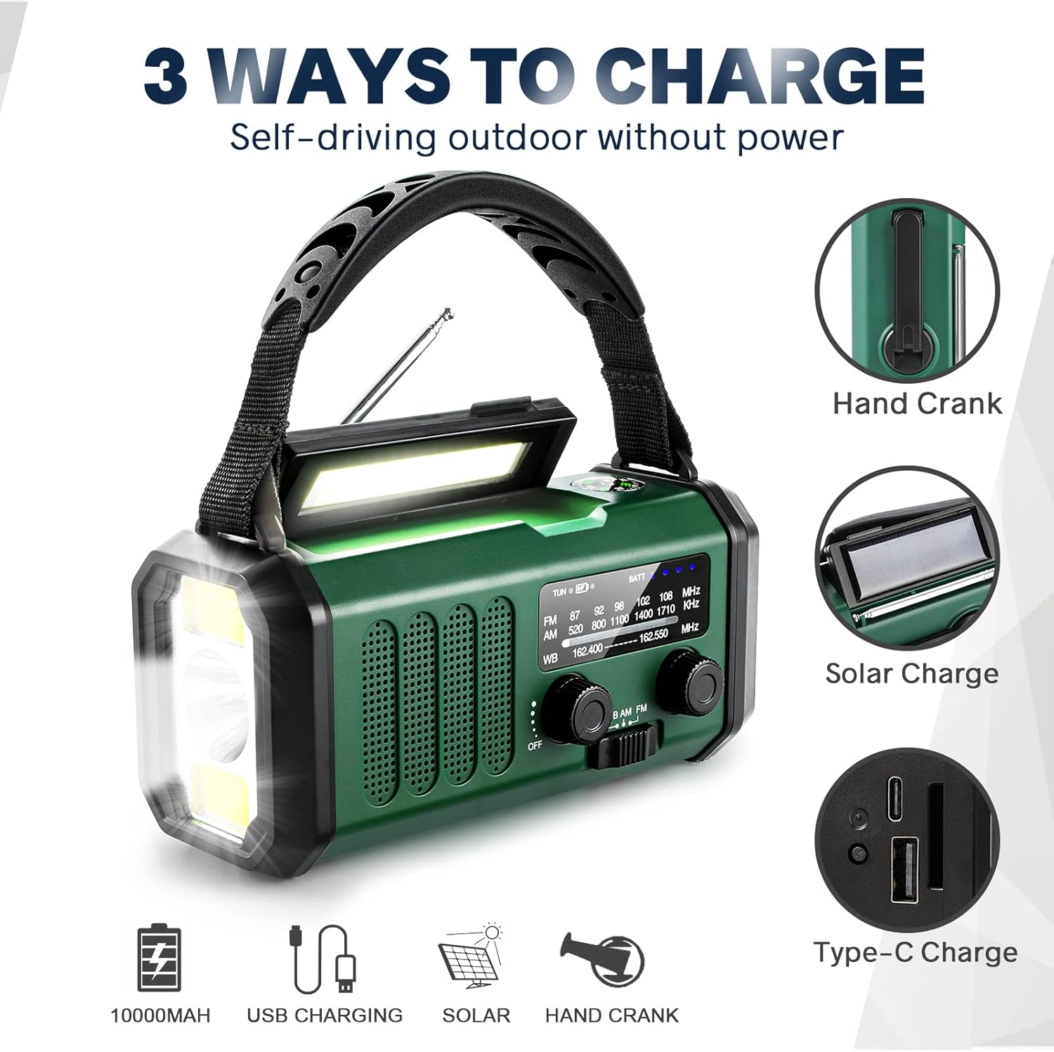 10000mAh Solar Powered Emergency Radio & Power Bank All-in-1 Survival Device with Hand Crank NOAA Alert Powerful Flashlight for Outdoor Camping and Emergency Use