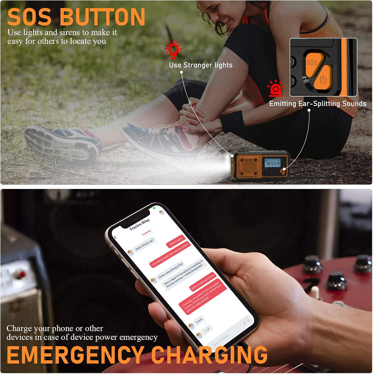 Emergency Radio Flashlight 4000mAh Hand Crank Portable AM/FM Radio for Camping Outdoor Emergencies Orange