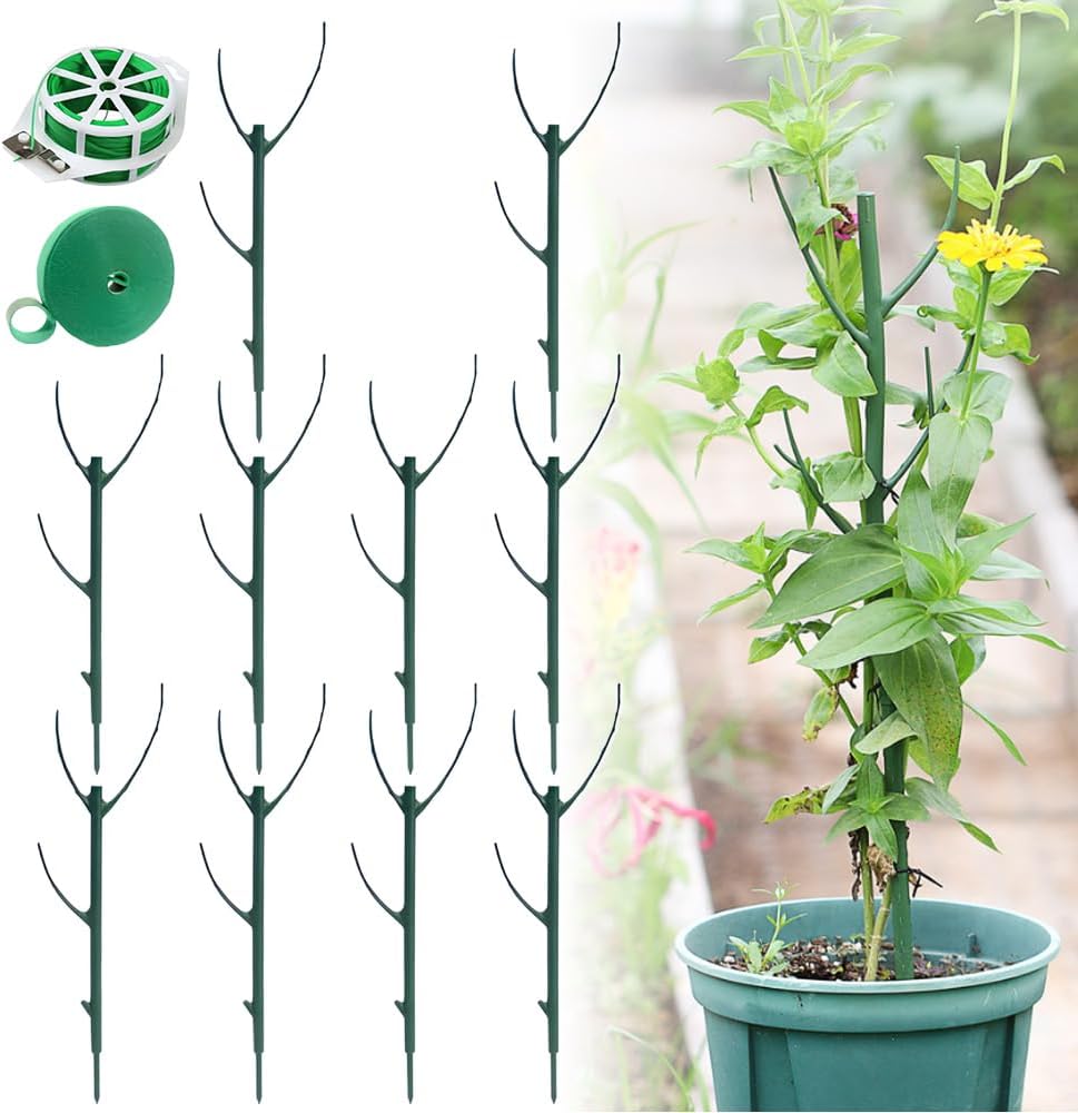 10 Pack Stackable Plant Support Stakes for Monstera - Includes 20m Binding Wire & Velcro - Climbing Plant Support Green