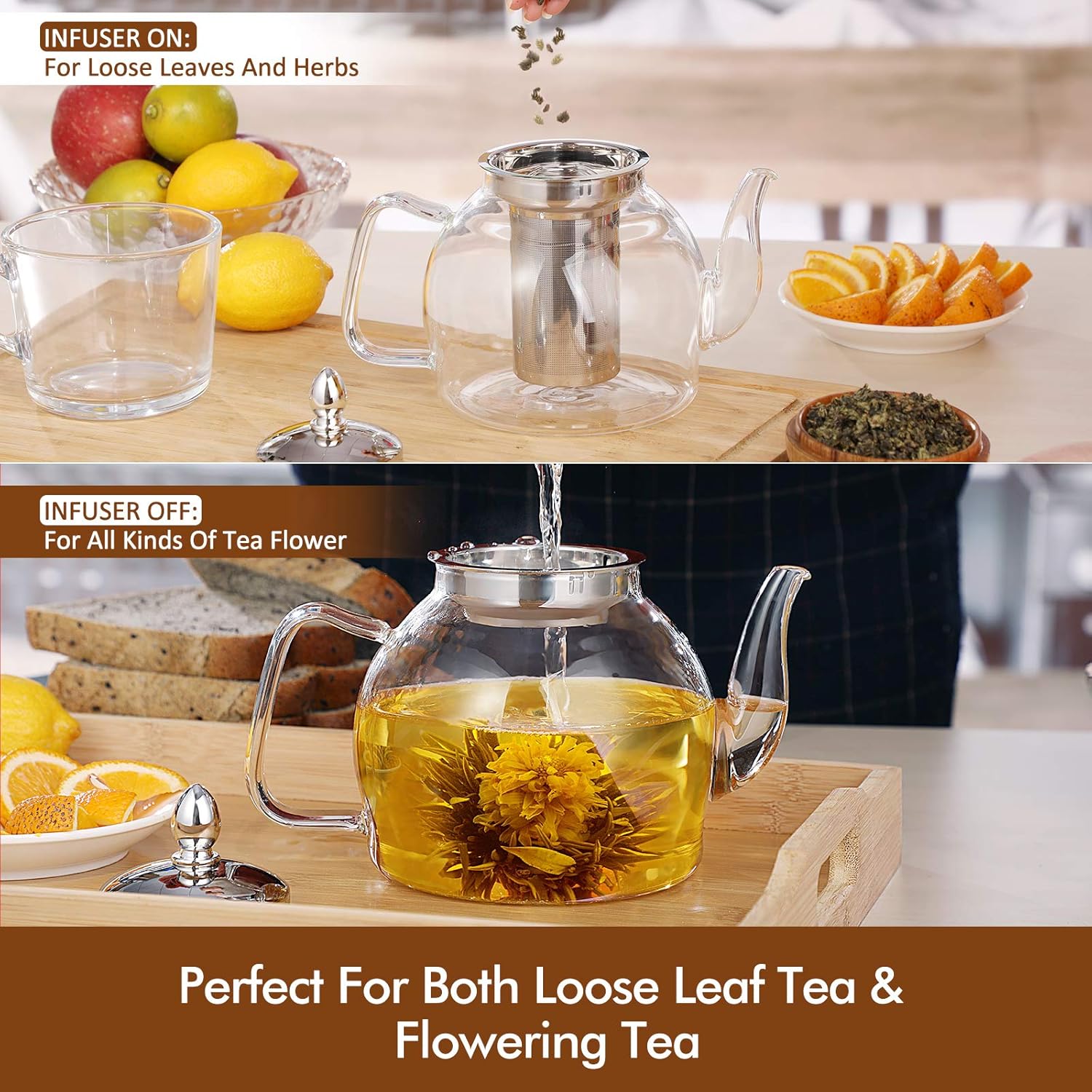 1000ml Glass Teapot with Removable Infuser, Stovetop Safe Tea Kettle, Blooming and Loose Leaf Tea Maker Set