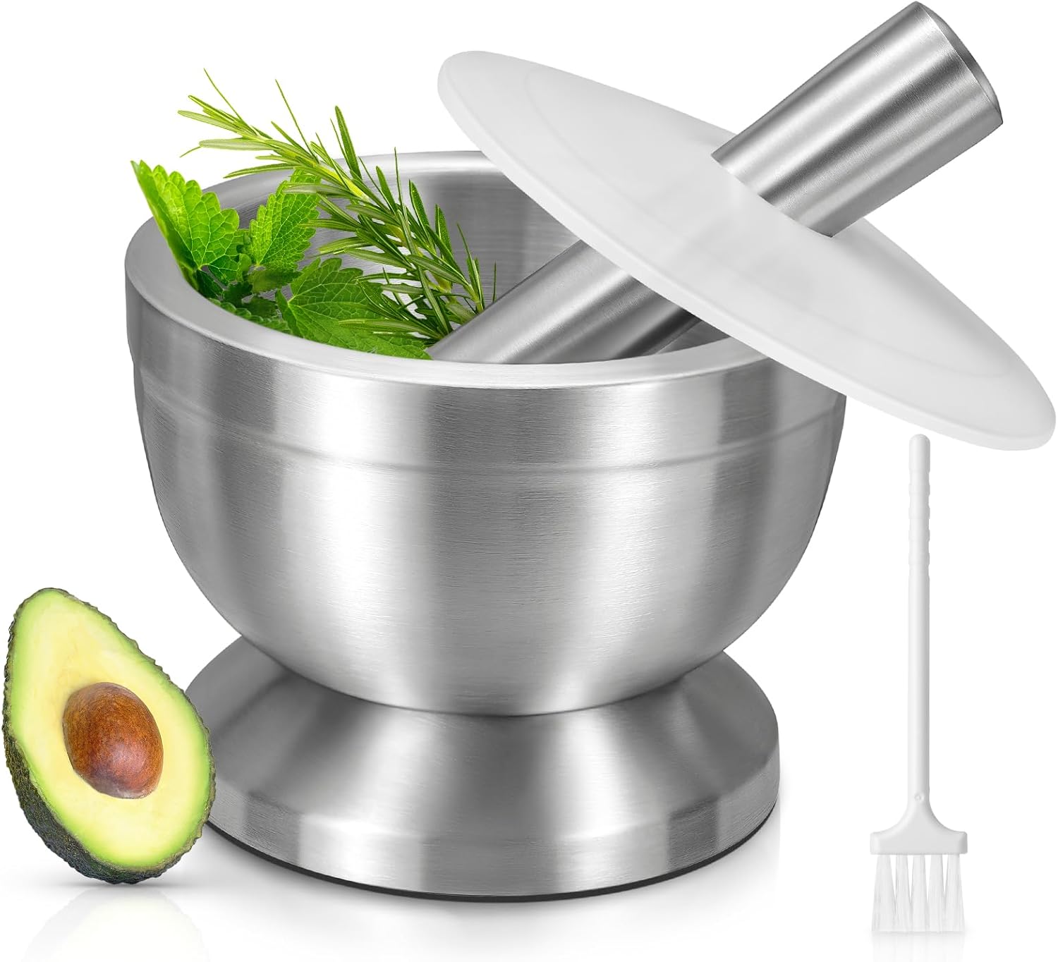 Mortar and Pestle,  18/8 Stainless Steel Spice Grinder Pill Crusher with Lid for Crushing Grinding Ergonomic Design with Anti Slip Base and Comfy Grip