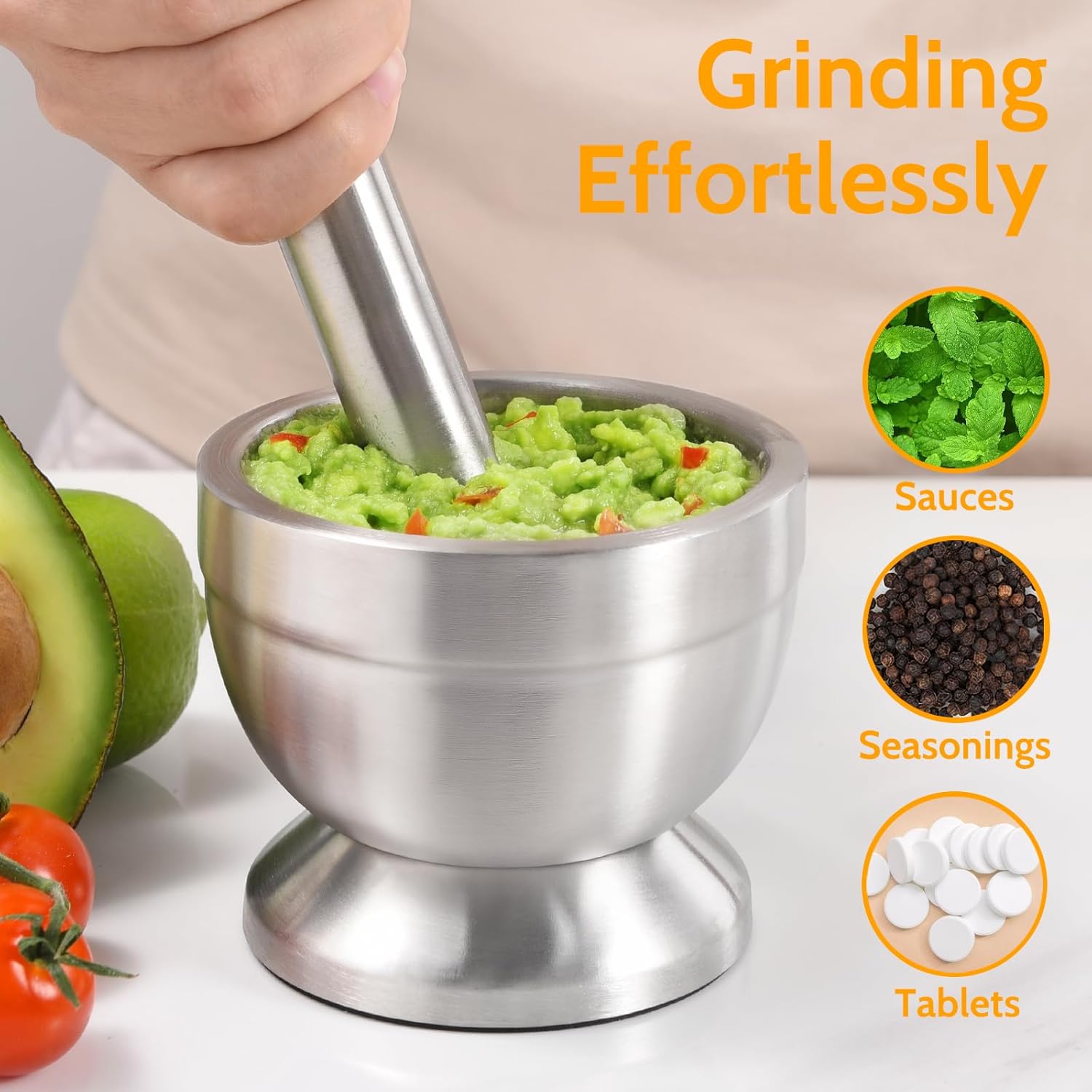 Mortar and Pestle,  18/8 Stainless Steel Spice Grinder Pill Crusher with Lid for Crushing Grinding Ergonomic Design with Anti Slip Base and Comfy Grip