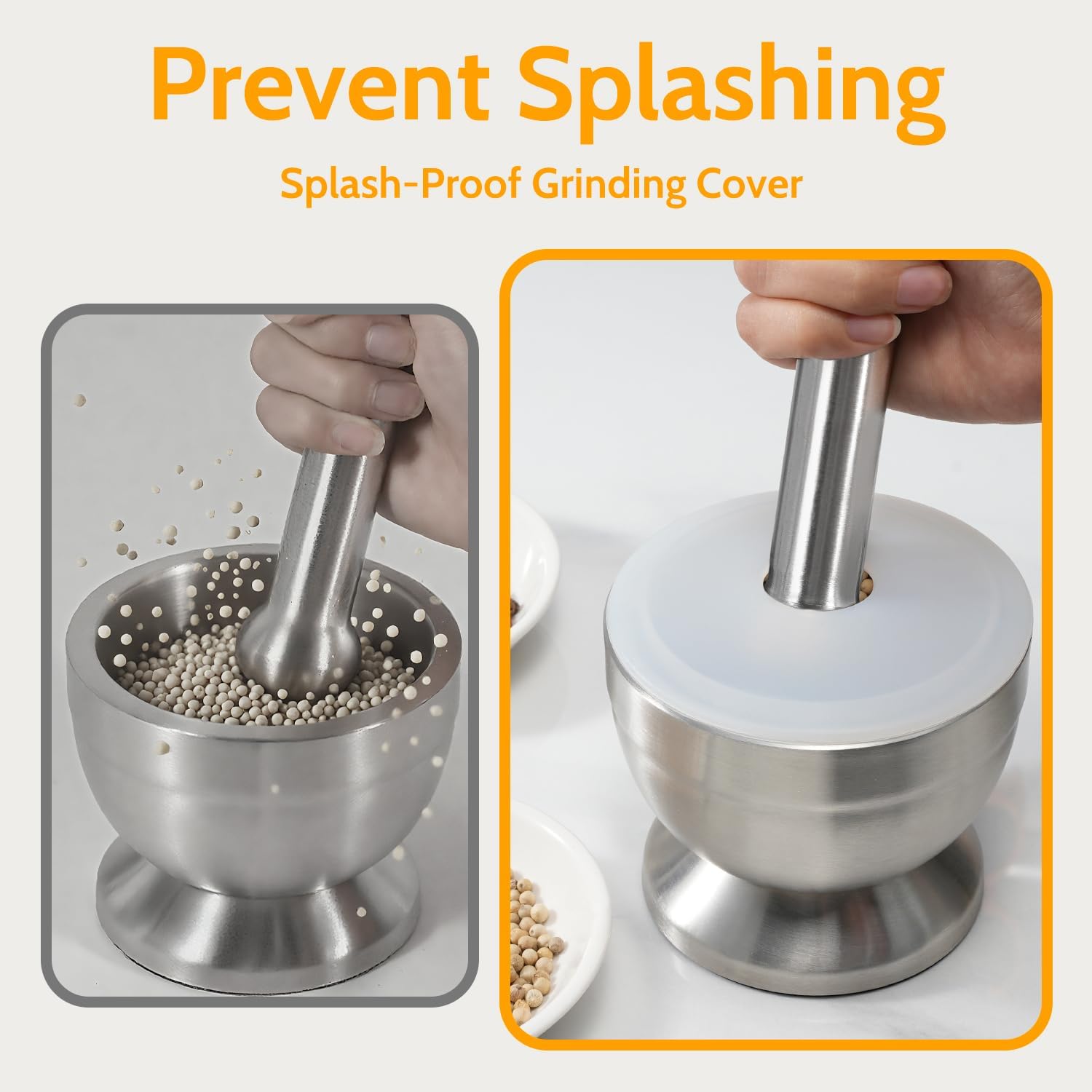 Mortar and Pestle,  18/8 Stainless Steel Spice Grinder Pill Crusher with Lid for Crushing Grinding Ergonomic Design with Anti Slip Base and Comfy Grip