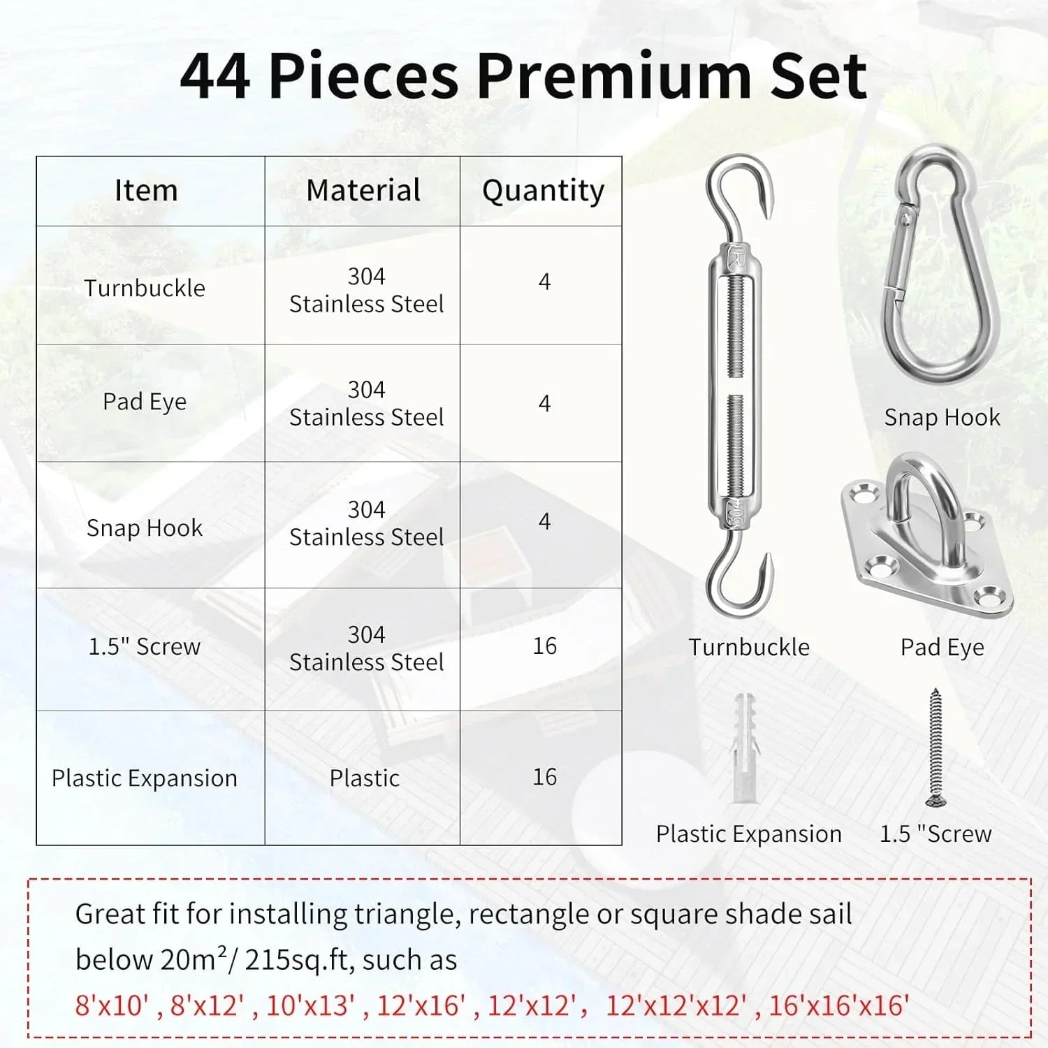 Sun Shade Sail Hardware Kit 6 Inch for Rectangle & Triangle Shade Sail Install, Stainless Steel Shade Sail Fixing Accessories for Outdoor Patio Canopy Garden, Heavy Duty Awning Attachment Set (44 Pcs)