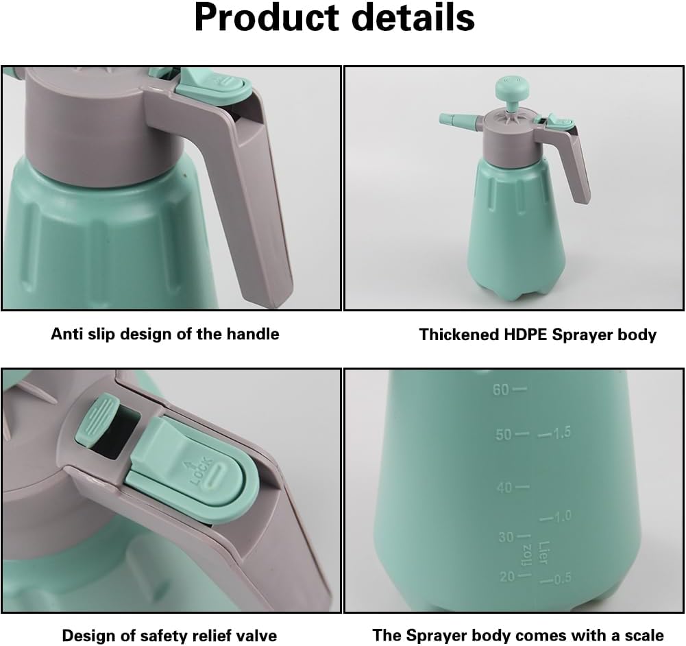 Garden Pump Sprayer, 68 oz/0.5 Gallon Hand Held Pressure Sprayer with Safety Valve ＆ Adjtable Nozzle, Large Capacity Bottle Water Weed Flower Plant Lawn Home Washing Spray 2L (Turquoise)