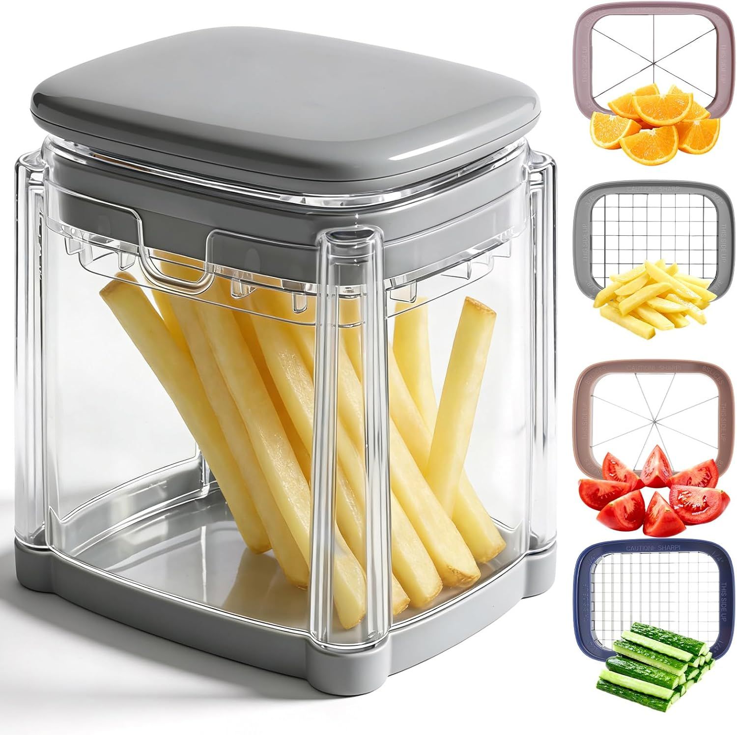 4-In-1 French Fry Cutter for Potatoes, Apple Slicer, Chopper Vegetable Cutter - Dicer Chopper for Carrots, Cucumbers, Onion, Tomato (Gray 4-in-1 French Fry Cutter)