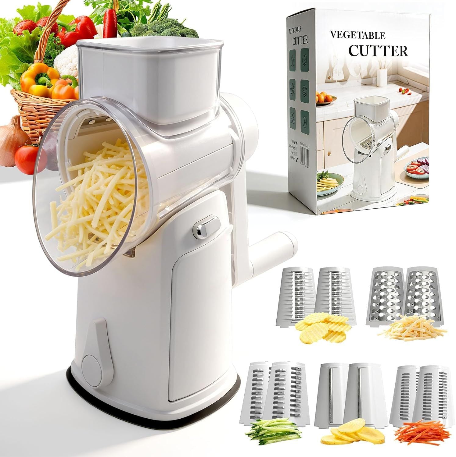 Rotary Cheese Grater Hand Crank - Cheese Shredder with 5 Blades & Storage Room, Easy to Clean, Stable Suction, Labor-Saving Handle, Rotary Grater Slicer for Fruit, Vegetables, Nuts, Chocolate