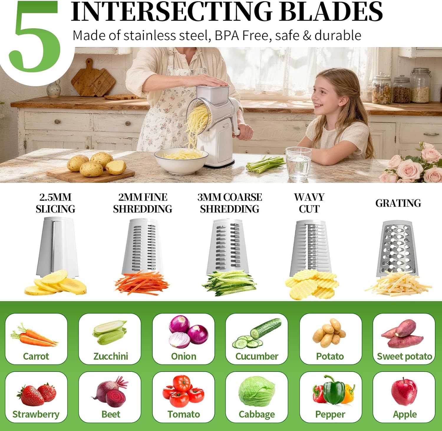 Rotary Cheese Grater Hand Crank - Cheese Shredder with 5 Blades & Storage Room, Easy to Clean, Stable Suction, Labor-Saving Handle, Rotary Grater Slicer for Fruit, Vegetables, Nuts, Chocolate