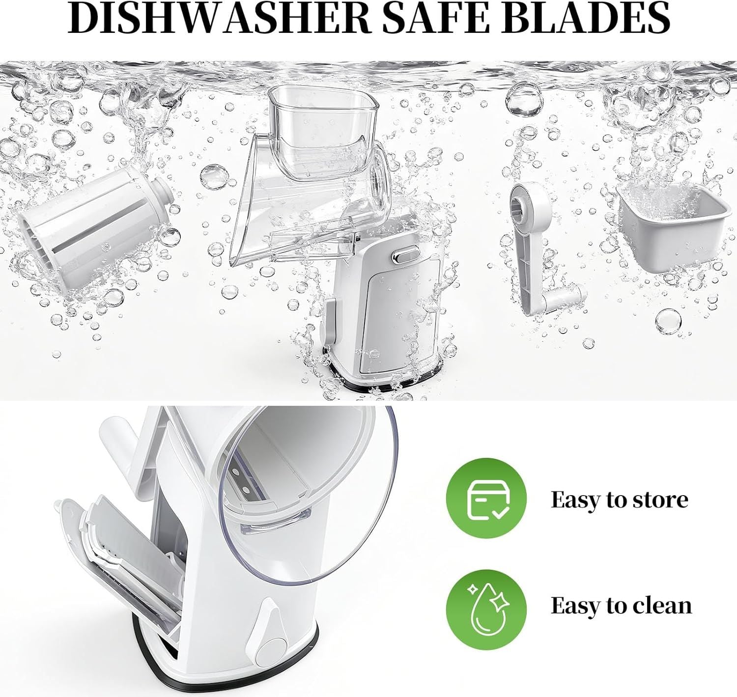 Rotary Cheese Grater Hand Crank - Cheese Shredder with 5 Blades & Storage Room, Easy to Clean, Stable Suction, Labor-Saving Handle, Rotary Grater Slicer for Fruit, Vegetables, Nuts, Chocolate