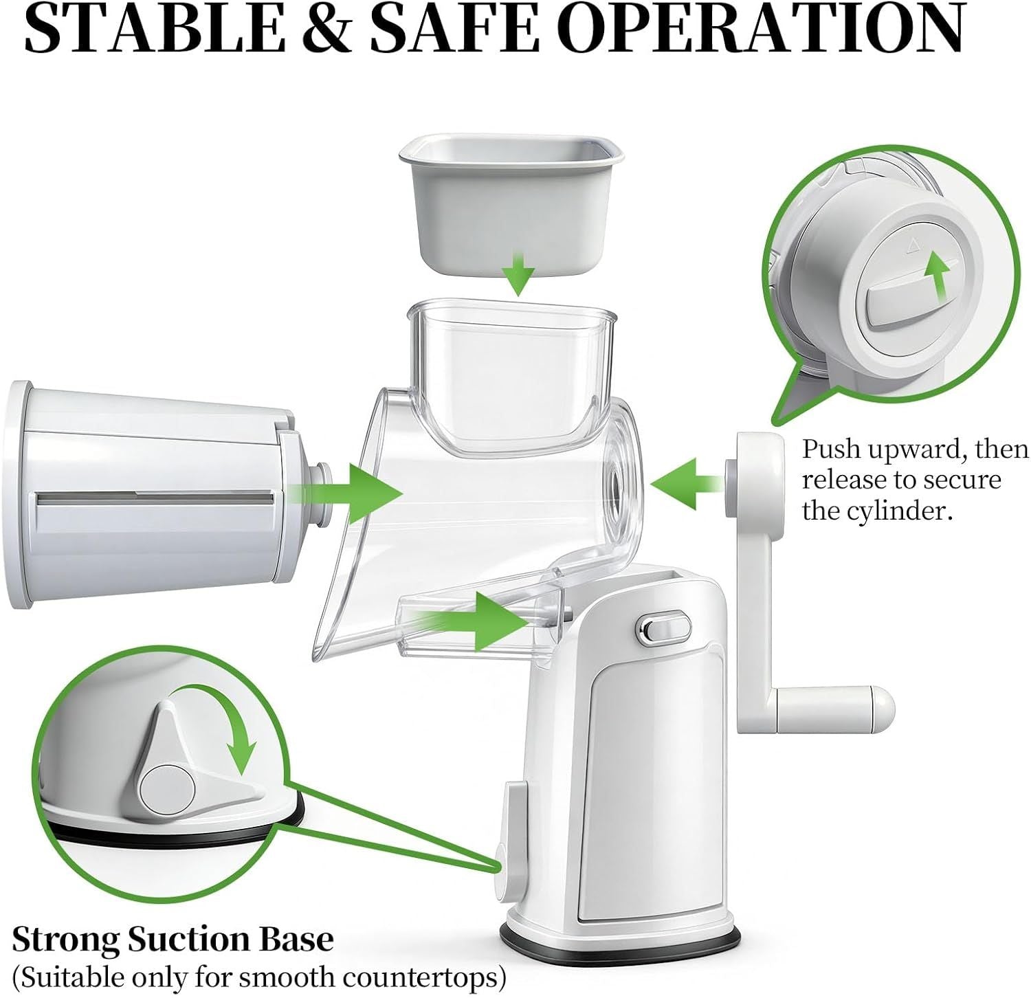 Rotary Cheese Grater Hand Crank - Cheese Shredder with 5 Blades & Storage Room, Easy to Clean, Stable Suction, Labor-Saving Handle, Rotary Grater Slicer for Fruit, Vegetables, Nuts, Chocolate