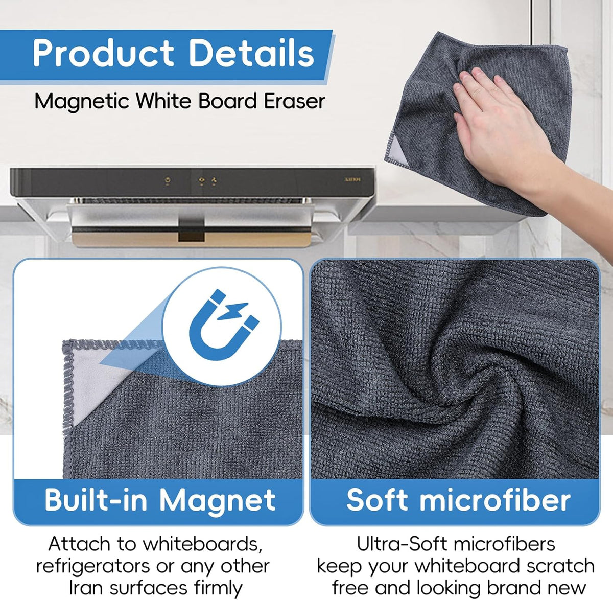 4 Pack Magnetic Microfiber Cleaning Cloth, Dry Erase Erasers Cleaner for Whiteboards, Blackboards, Chalkboards, Glassboards, Home, Office, School, Gray, 10'' x 9.25''