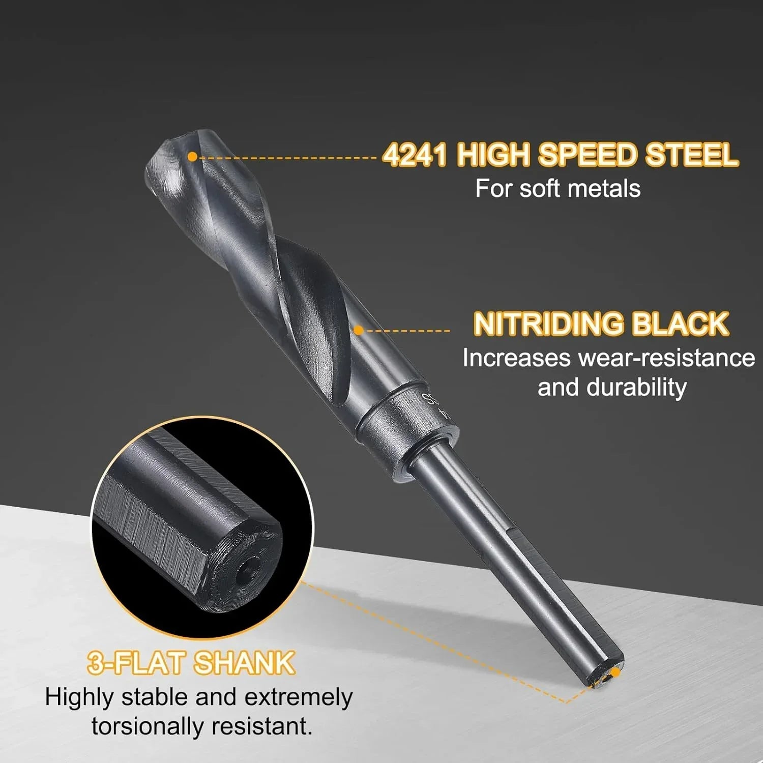 3/4" Drill Bit 3/8" Reduced Shank 3-Flat 4241 High Speed Steel Nitriding Black 118° for Soft Materials Wood Plastic Iron Copper Aluminum