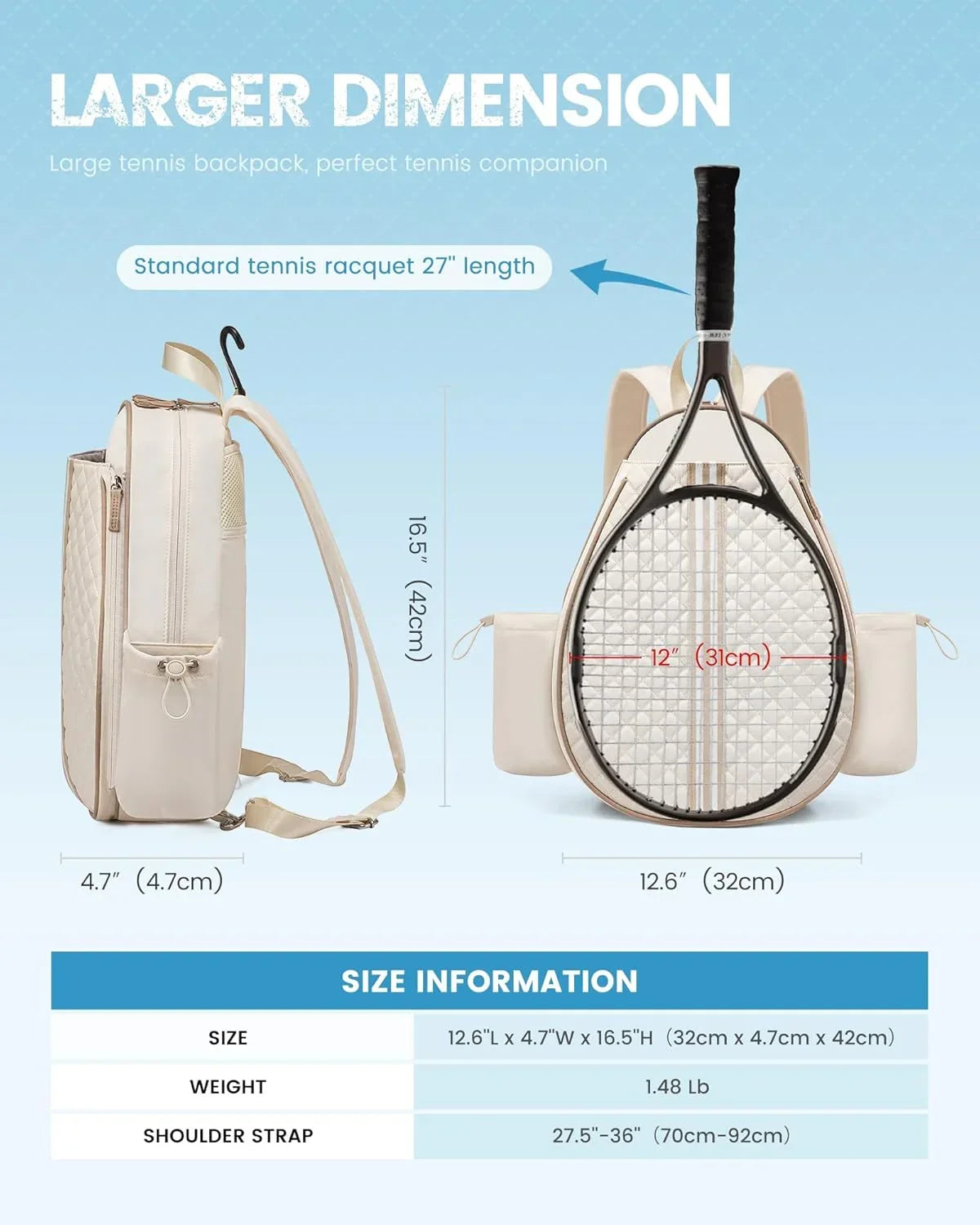Tennis Bag, Quilted Tennis Sling Crossbody Backpack, Water Resistant Tennis Racket Bags for Women Men, Suitable for Pickleball Tennis Badminton