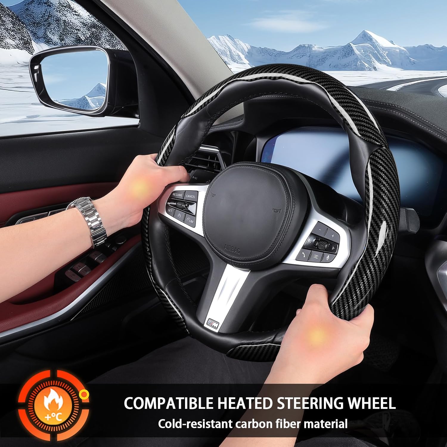 Carbon Fiber Steering Wheel Covers 3 Piece Clip on Steering Wheel Cover (Black)
