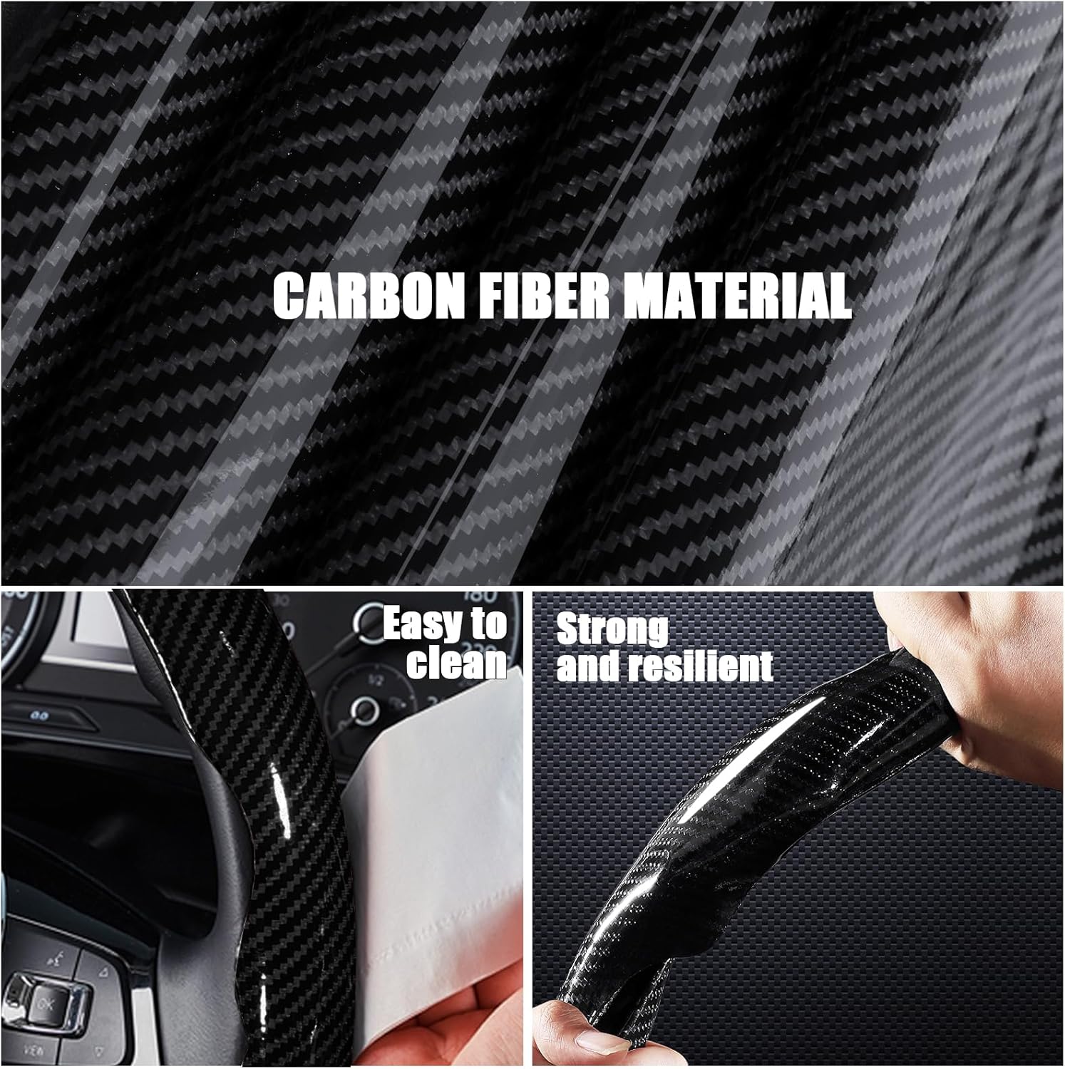 Carbon Fiber Steering Wheel Covers 3 Piece Clip on Steering Wheel Cover (Black)