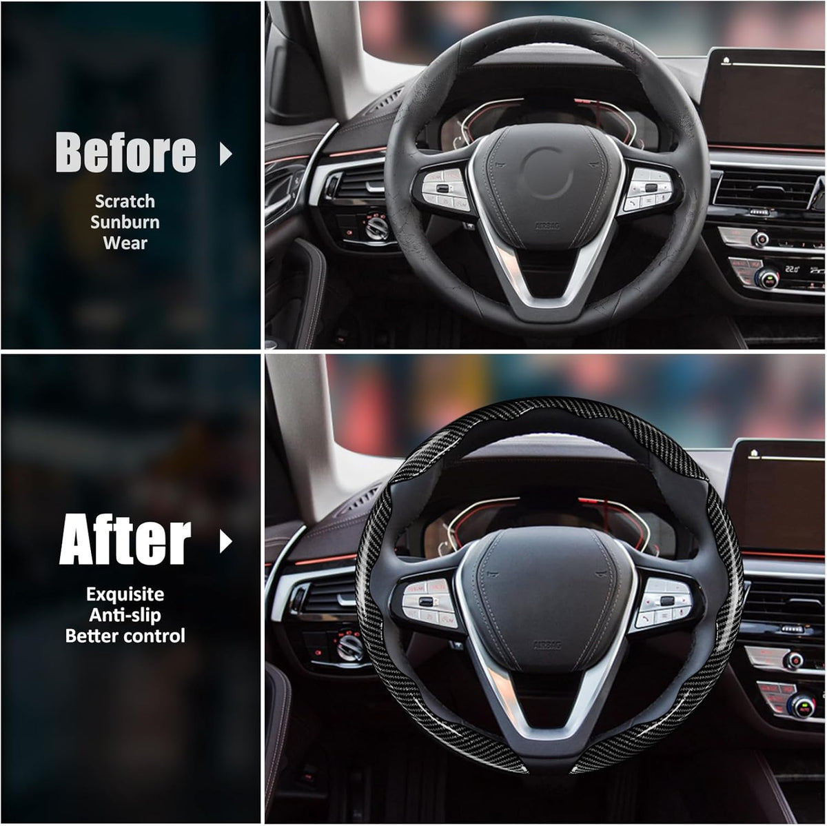Carbon Fiber Steering Wheel Covers 3 Piece Clip on Steering Wheel Cover (Black)