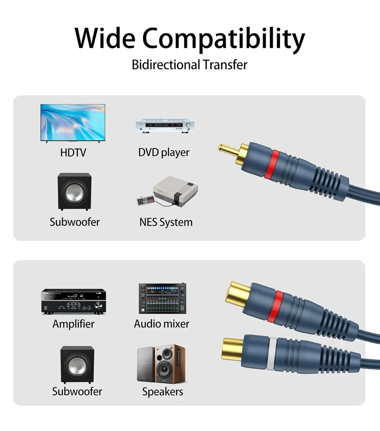 RCA Splitter 1 Male 2 Female 2 Pack, RCA Y Splitter Cable Audio Video Adapter Extension Cord 0.2m/8inch for Subwoofer Speakers