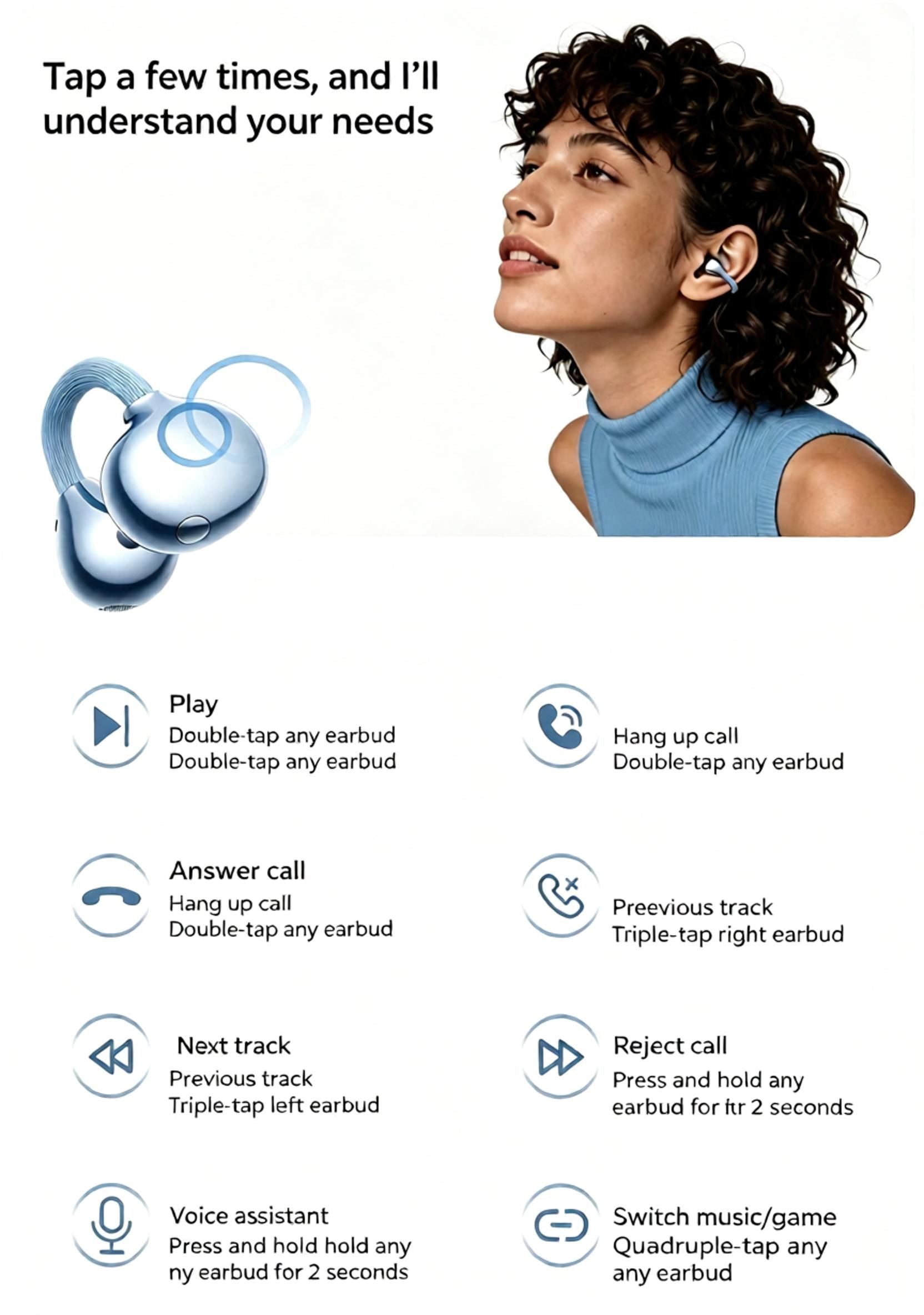 Open-Ear Clip Bluetooth Earphone - NE11S Wireless Earbuds with Bluetooth 6.0 11mm Driver 4.5g Lightweight - Sports Headphones with Mic - Blue