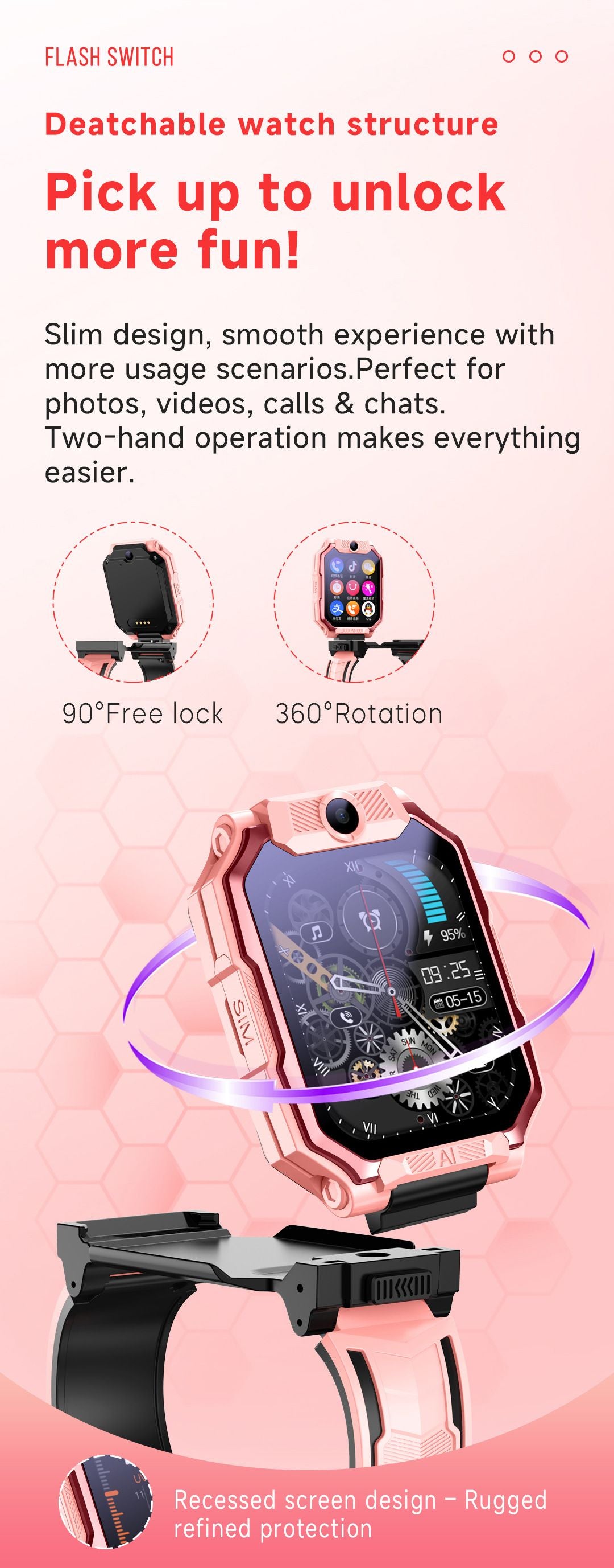 Smart Kids Phone Watch - GPS Tracker Video Call Smartwatch with AI Functions Android OS - Detachable Rotatable Camera for Students - Black