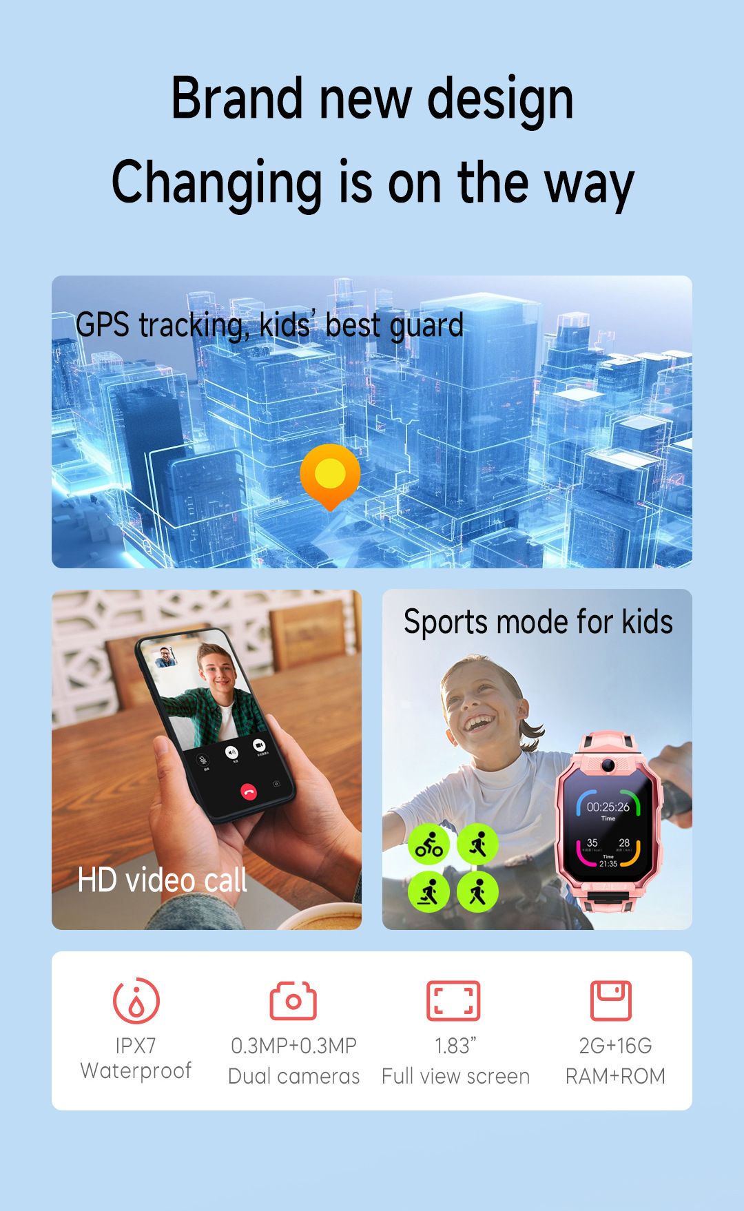 Smart Kids Phone Watch - GPS Tracker Video Call Smartwatch with AI Functions Android OS - Detachable Rotatable Camera for Students - Pink