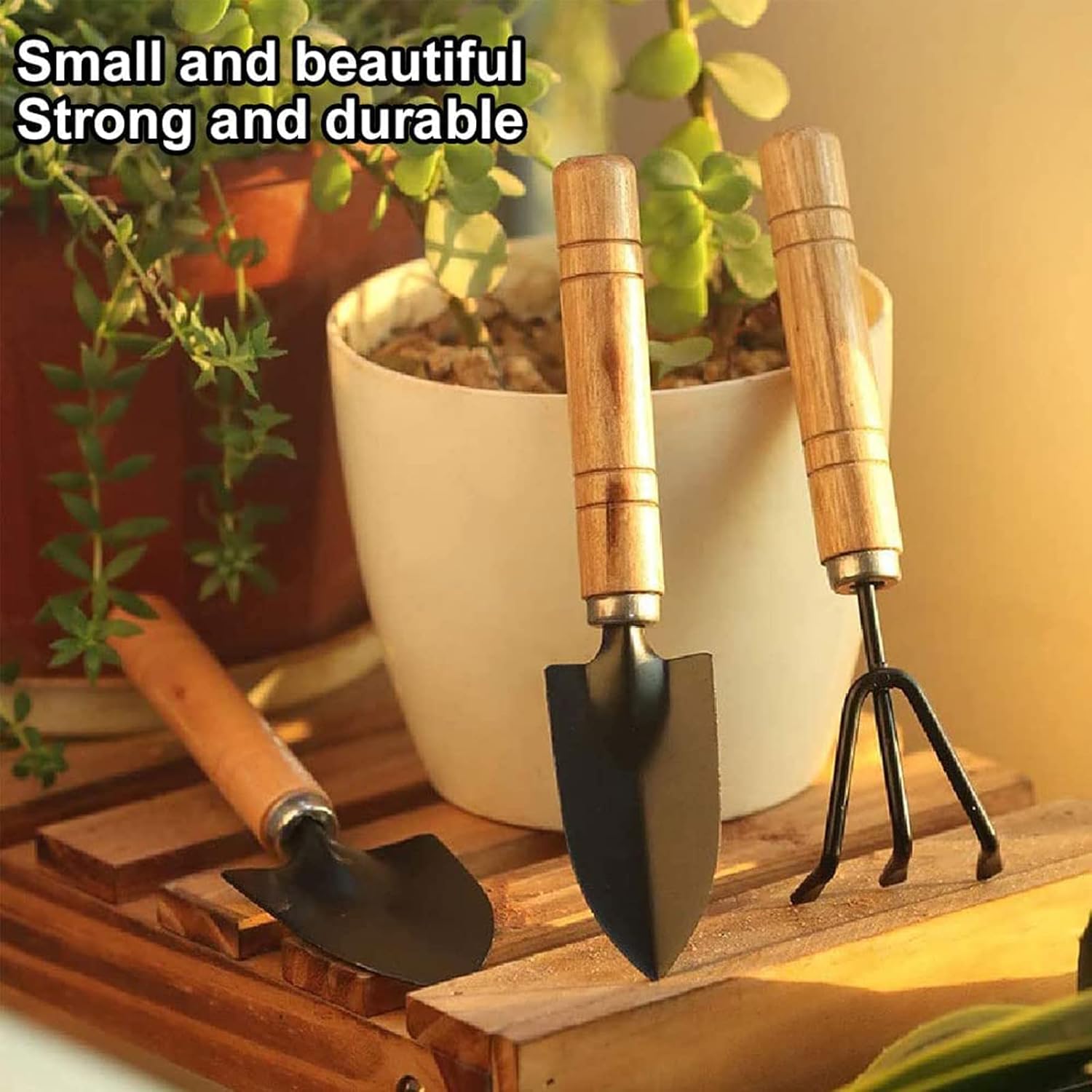 Garden tool set, 3-piece garden tool set, garden trowel, small, wooden handle, hand trowels, small garden set for bonsai, tool, plant pot, flowers