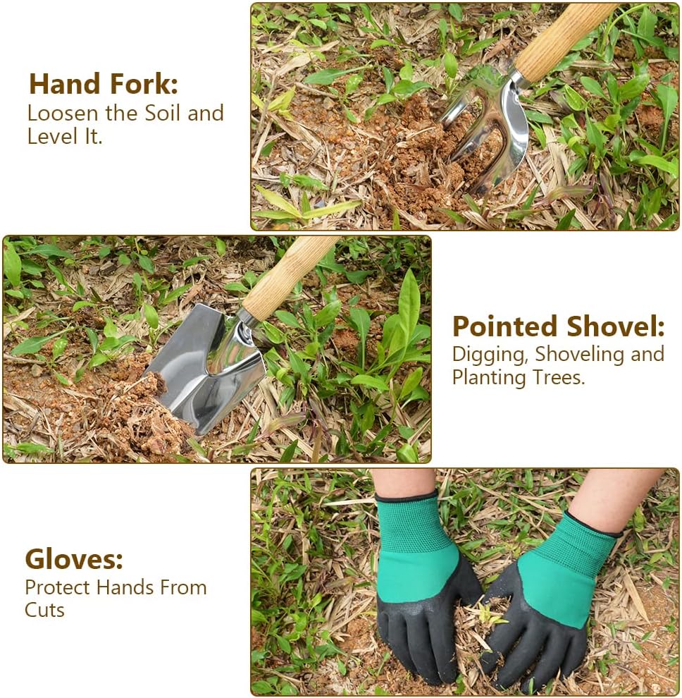 Petluno Garden Tool Set, 3-piece garden tool, stainless steel hand tools, gift set with ergonomic handles, including a wide spade