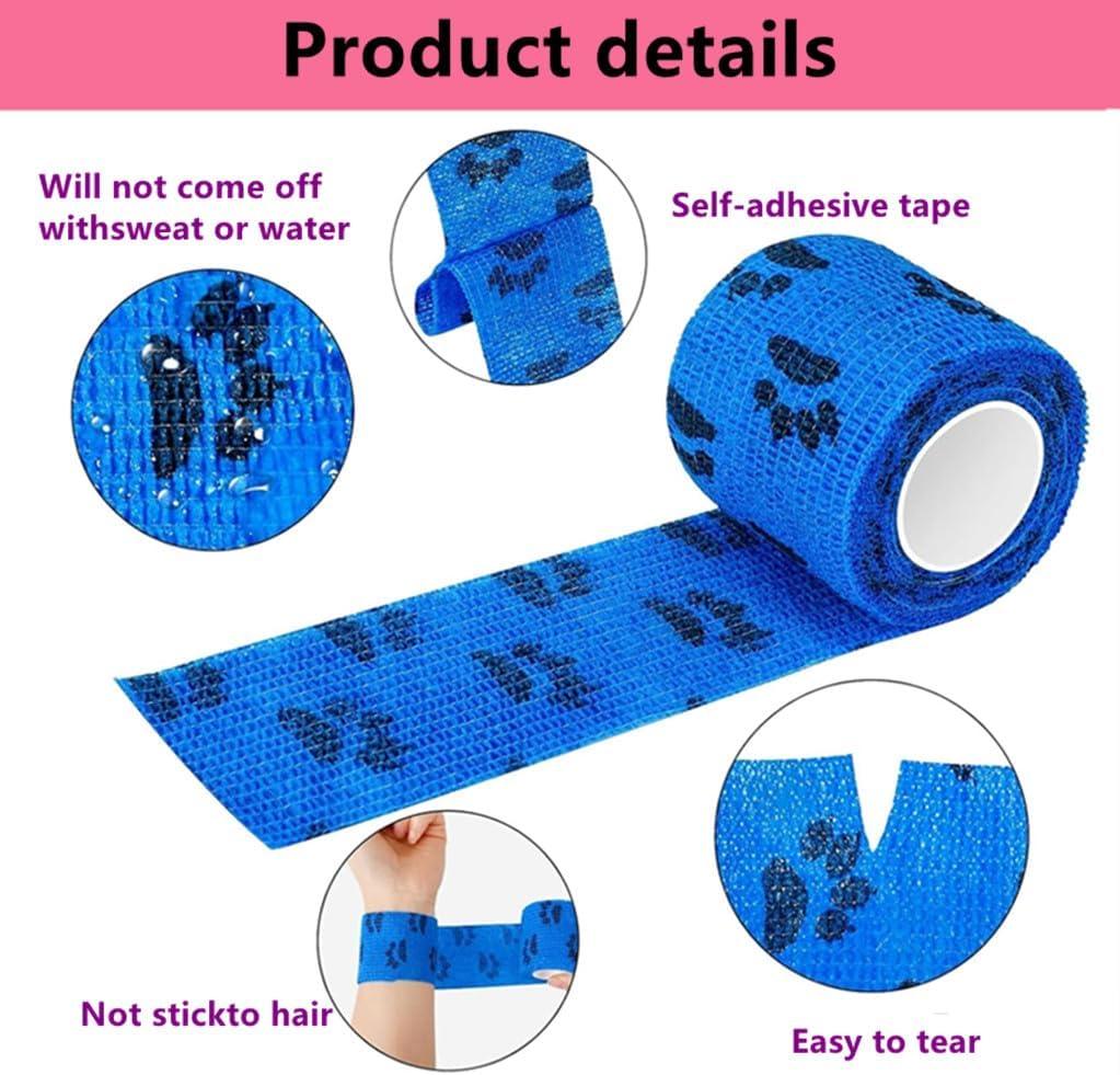 4 Rolls Pet Self Adhesive Bandage, Pet Vet Wrap Tape Waterproof Non-Woven Cohesive Gauze Rolls for Dog Cat Animals, Cohesive Bandages for Wrist Healing Ankle Sprain & Swelling Sport (2 x 5 Yards)