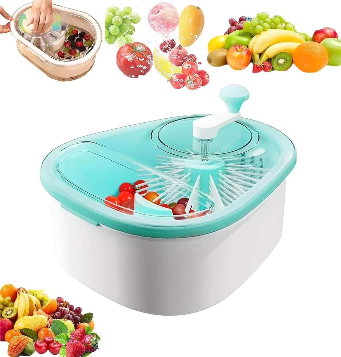 Fruit Cleaner Spinner - Fruit Washer Spinner Bowl with Lid, Large Capacity Fruit Washer Spinner with Brush, Multifunctional Fruit and Vegetable Cleaner Device for Home Kitchen (Blue)