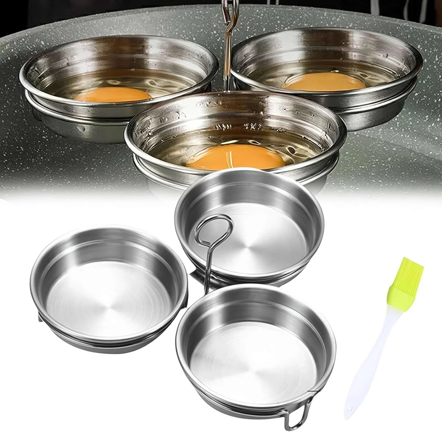 Steel Egg Poacher, Poached Egg Cooker, 3-Cup Poached Egg Cooker, Nonstick Egg Poacher Cups, Egg Poaching Pan with Rack and Handle for Microwave Oven Stovetop