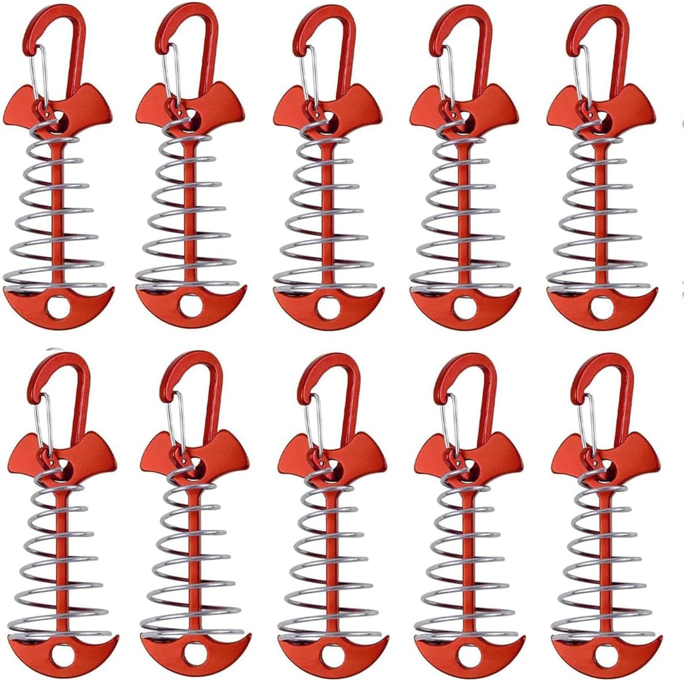 10 Pcs Fishbone Tent Stakes with Carabiners ， Aluminum Alloy & Stainless Steel Windproof Anchors with Carabiners， Deck Spring Tensioner for Camping Canopy, Hiking Gear，Essential for Mountain Climbing