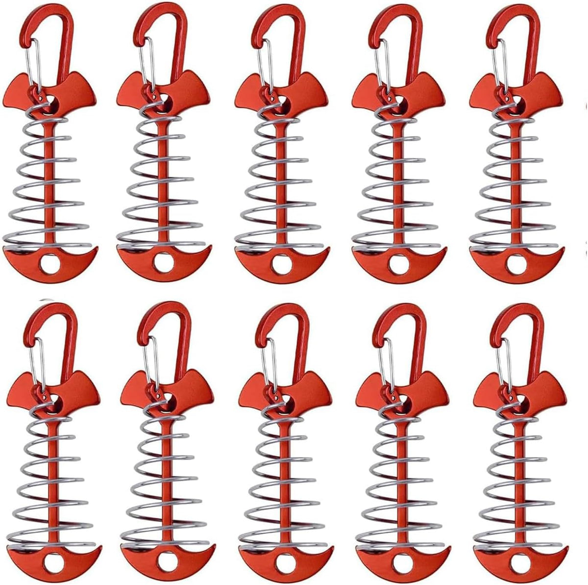 10 Pcs Fishbone Tent Stakes with Carabiners ， Aluminum Alloy & Stainless Steel Windproof Anchors with Carabiners， Deck Spring Tensioner for Camping Canopy, Hiking Gear，Essential for Mountain Climbing