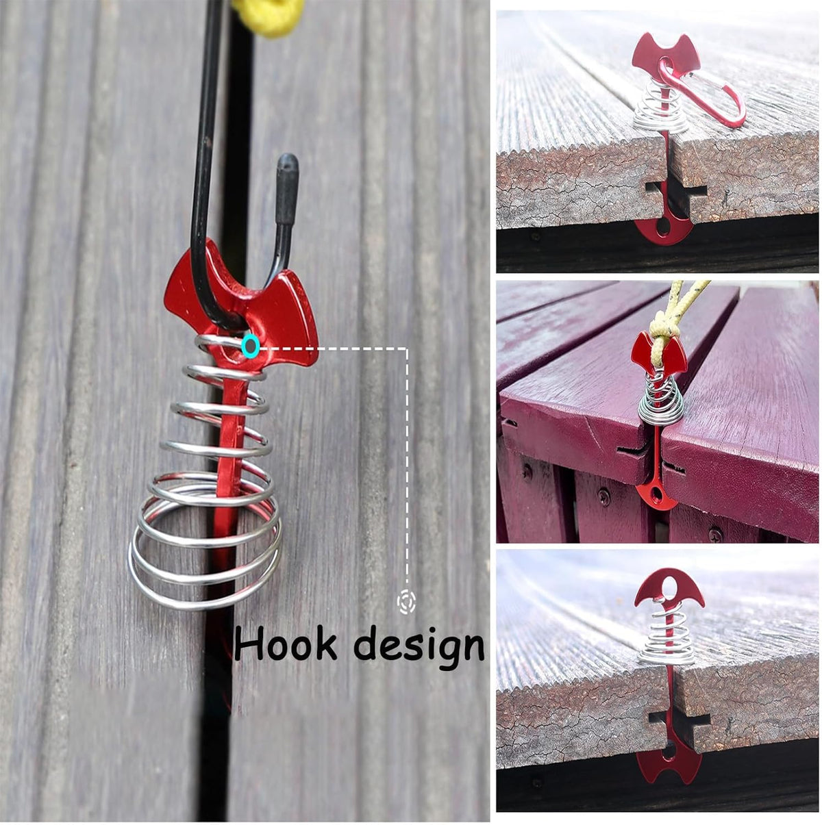 10 Pcs Fishbone Tent Stakes with Carabiners ， Aluminum Alloy & Stainless Steel Windproof Anchors with Carabiners， Deck Spring Tensioner for Camping Canopy, Hiking Gear，Essential for Mountain Climbing