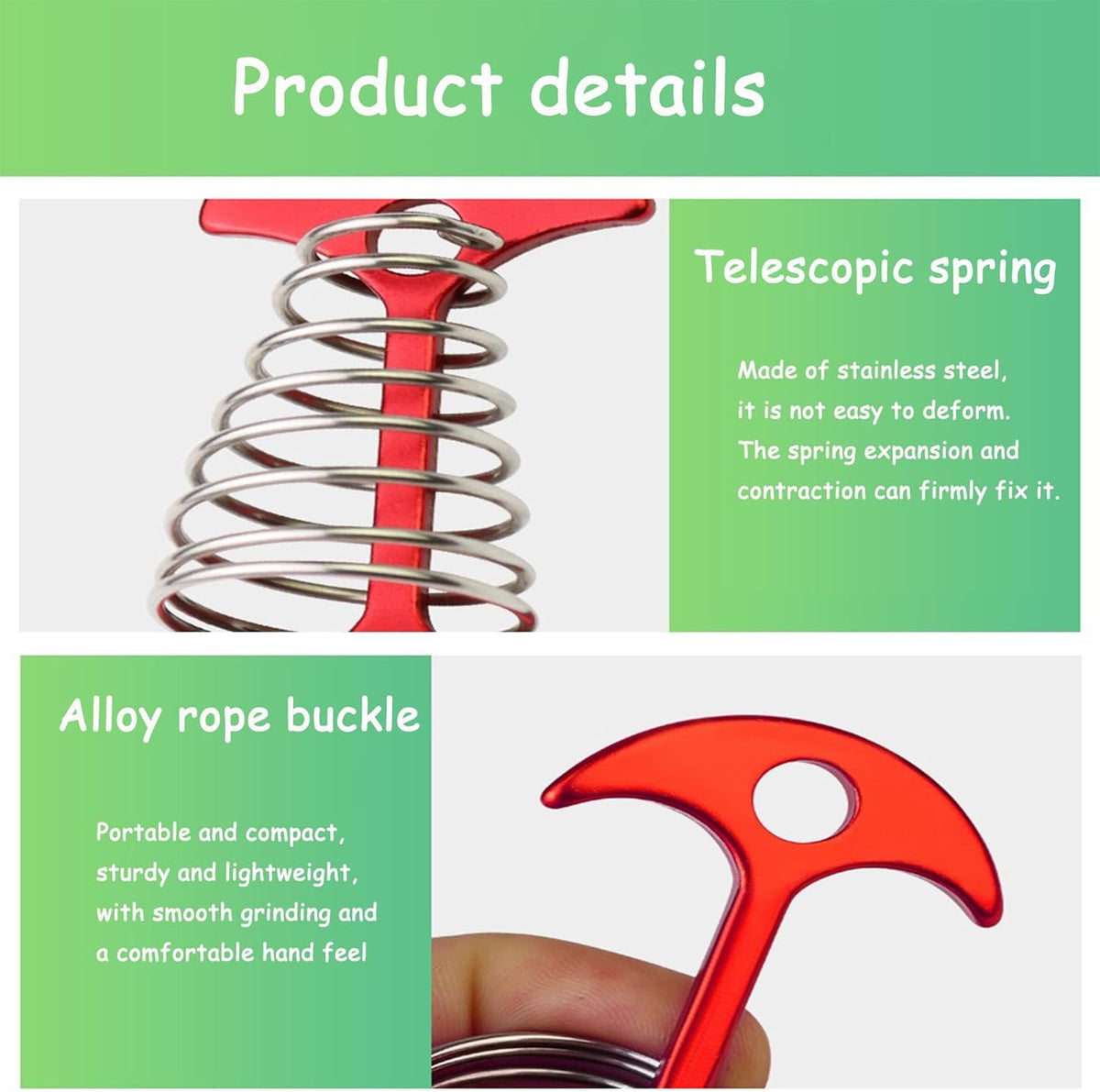10 Pcs Fishbone Tent Stakes with Carabiners ， Aluminum Alloy & Stainless Steel Windproof Anchors with Carabiners， Deck Spring Tensioner for Camping Canopy, Hiking Gear，Essential for Mountain Climbing