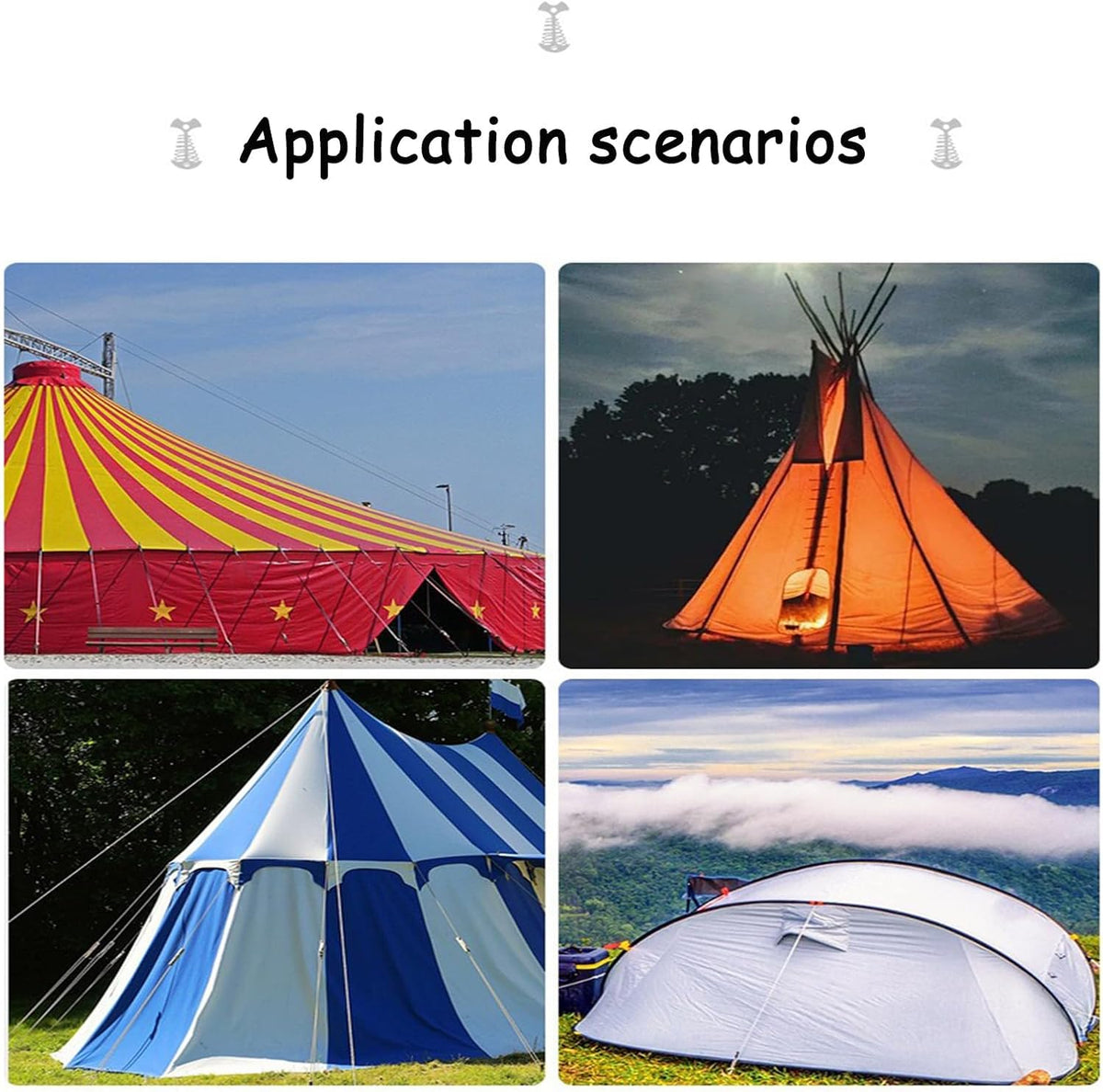 10 Pcs Fishbone Tent Stakes with Carabiners ， Aluminum Alloy & Stainless Steel Windproof Anchors with Carabiners， Deck Spring Tensioner for Camping Canopy, Hiking Gear，Essential for Mountain Climbing