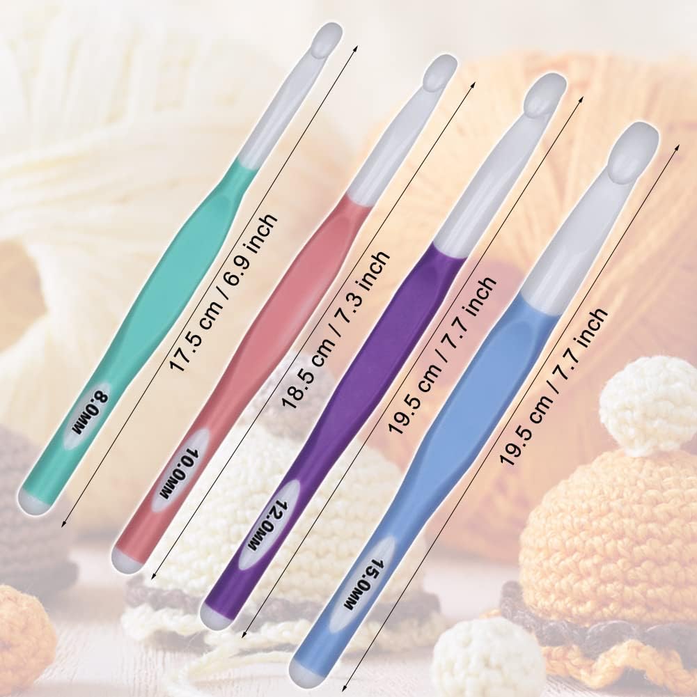 Large Sizes Crochet Hooks 4 pcs Long Crochet Needles  8mm 10mm 12mm 15mm Rubber Handle Crochet Hook Set DIY Yarn Weaving Tools for Knitting Blankets, Shawl and Carpet