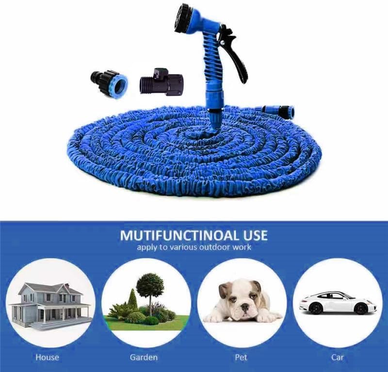 Expandable Garden Hose (16ft to 50ft), Aluminium Connector with 7 Functioning Nozzles, Multi-Purpose Garden Hose Sprayer, Garden Patio Sprayer for Watering Plants, Cleaning Cars or Pets (Blue)