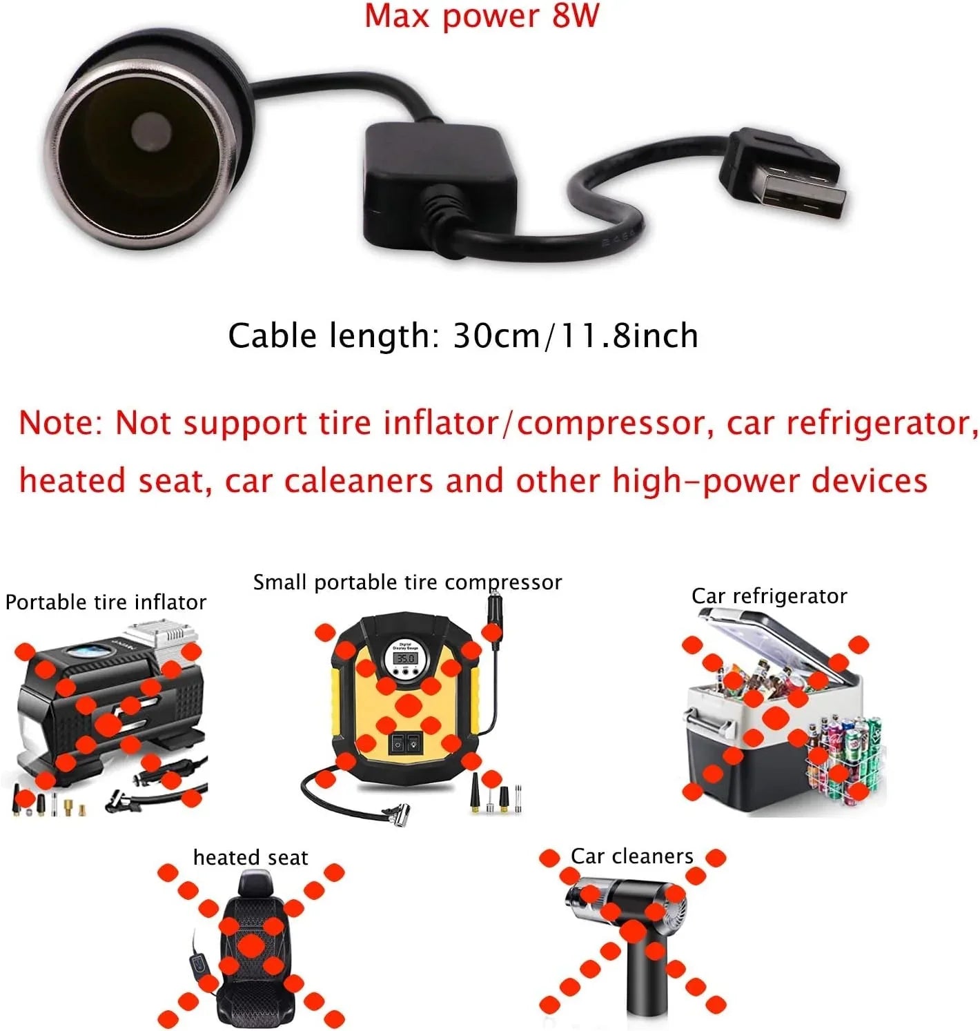 USB A male to 12V car cigarette lighter female adapter cable (max. 8W)