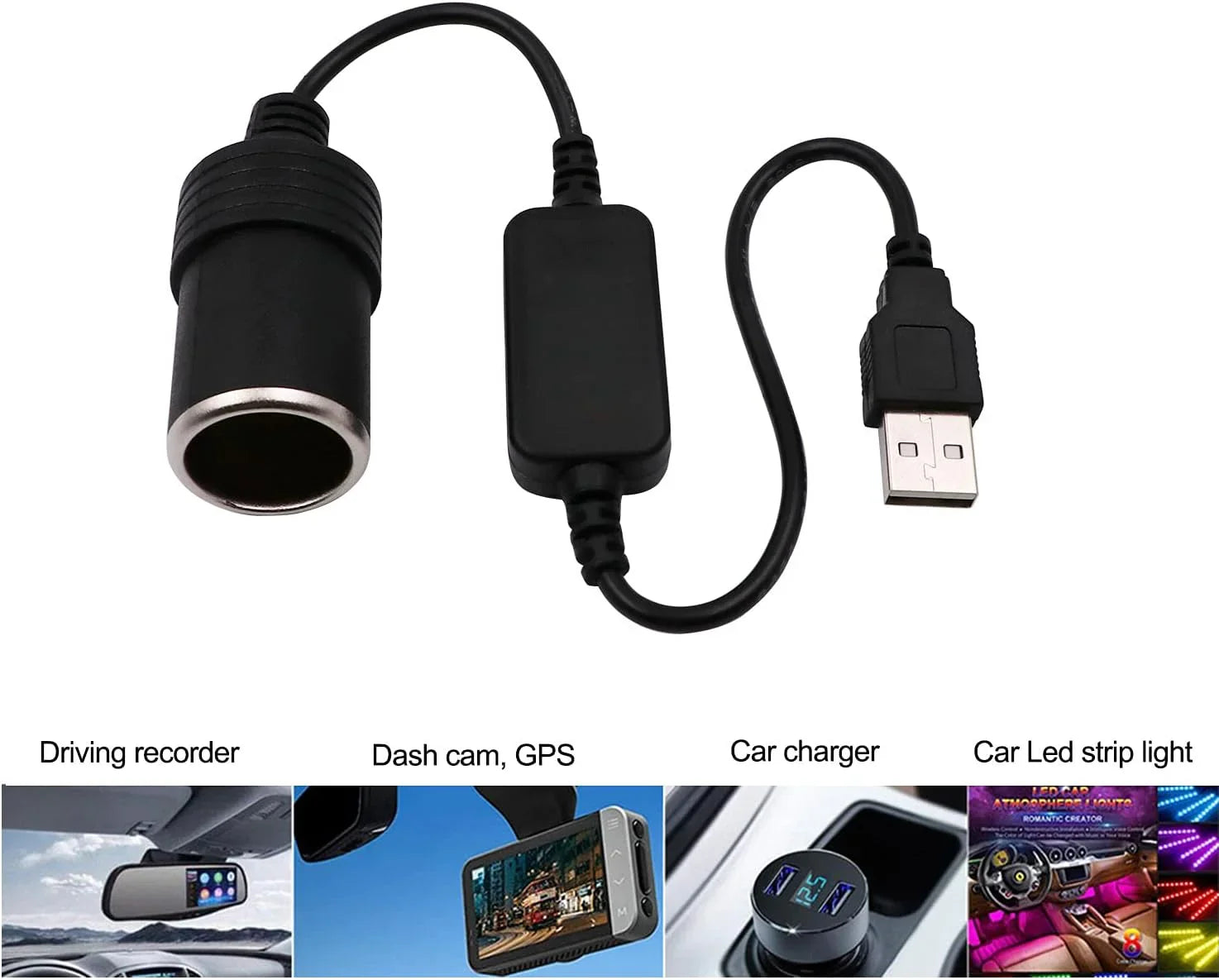 USB A male to 12V car cigarette lighter female adapter cable (max. 8W)