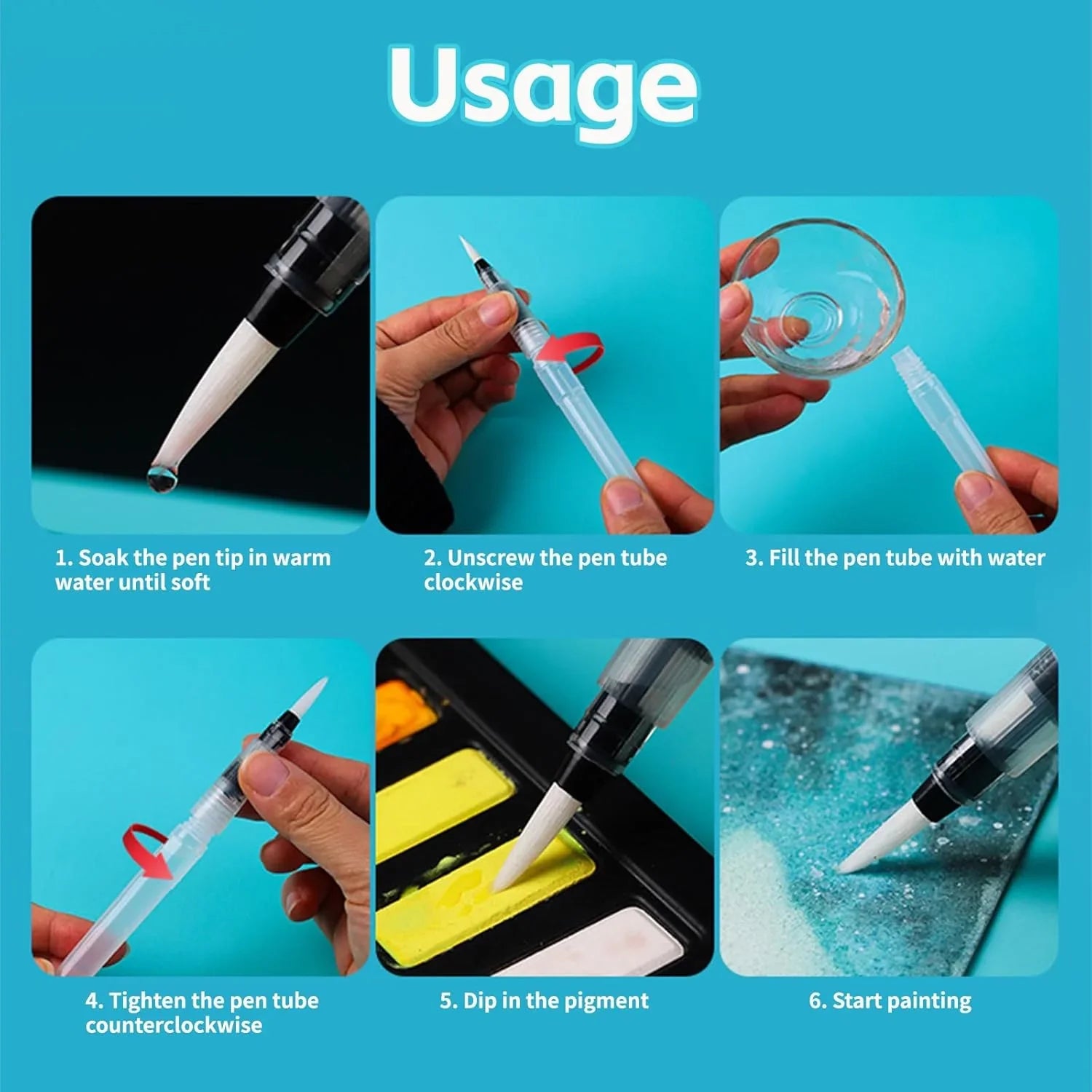 Refillable watercolour brush set: 6 watercolour brushes with refillable reservoirs - watercolour brushes with fine, medium and large tips for watercolour painting and sketching