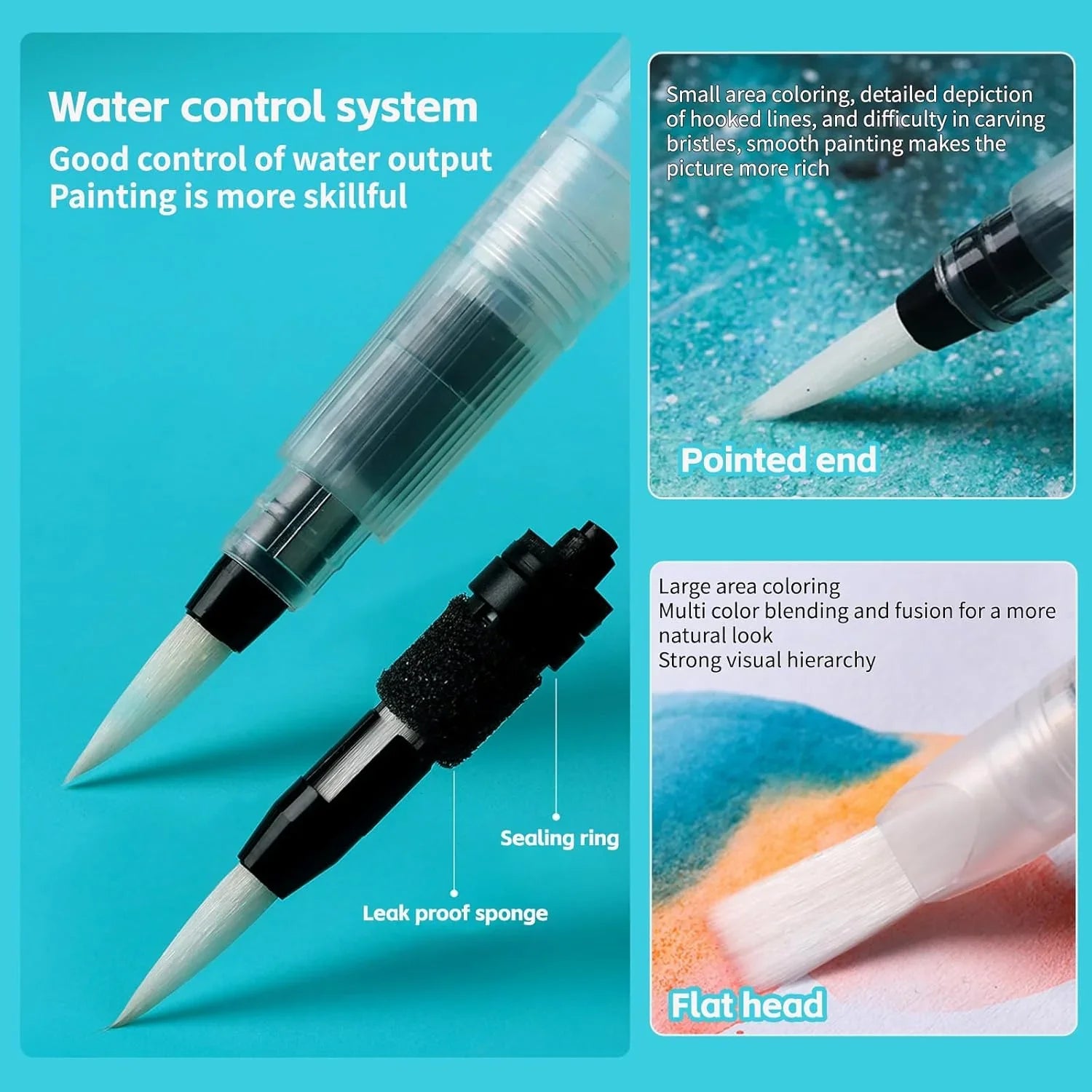 Refillable watercolour brush set: 6 watercolour brushes with refillable reservoirs - watercolour brushes with fine, medium and large tips for watercolour painting and sketching