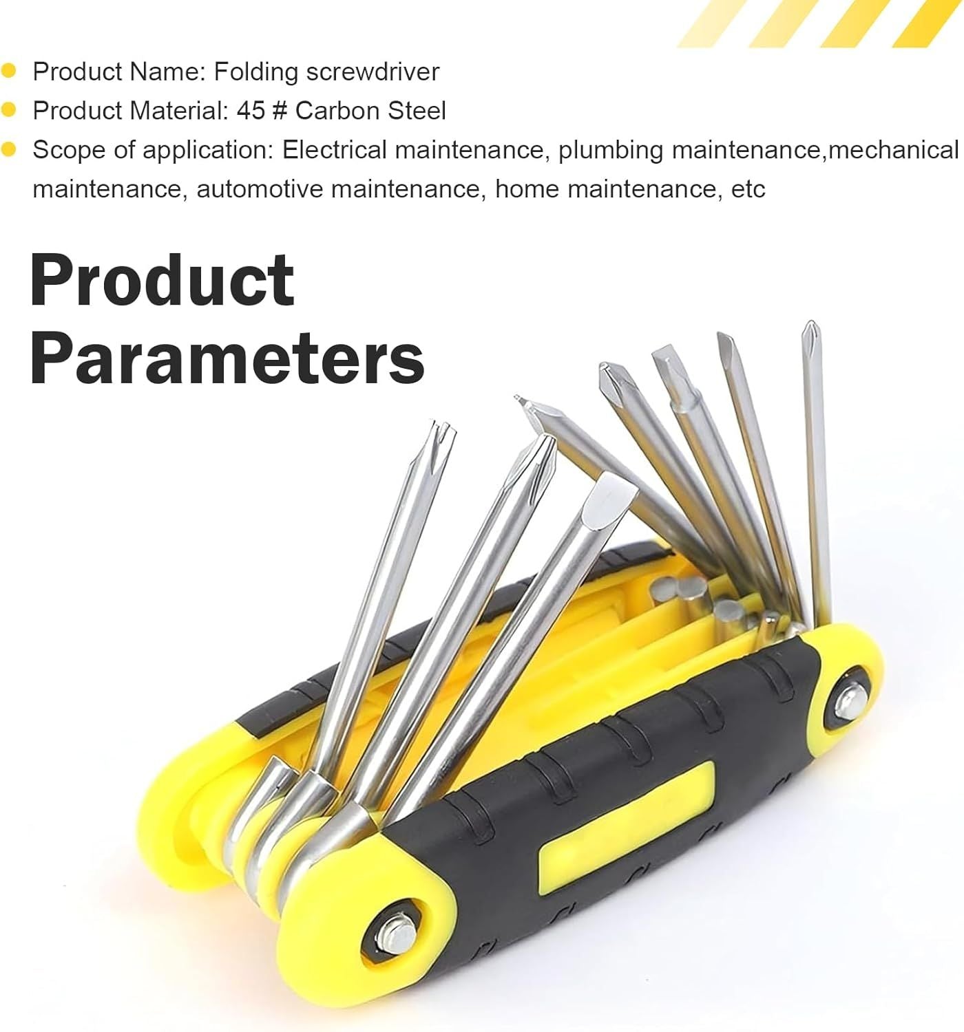 Folding Screwdriver Set, 8-in-1 Foldable High Leverage Screwdriver with Non-slip Handle, Carbon Steel Rustproof Portable Tool, Repair Tool for Car & Bike & Home (Yellow)