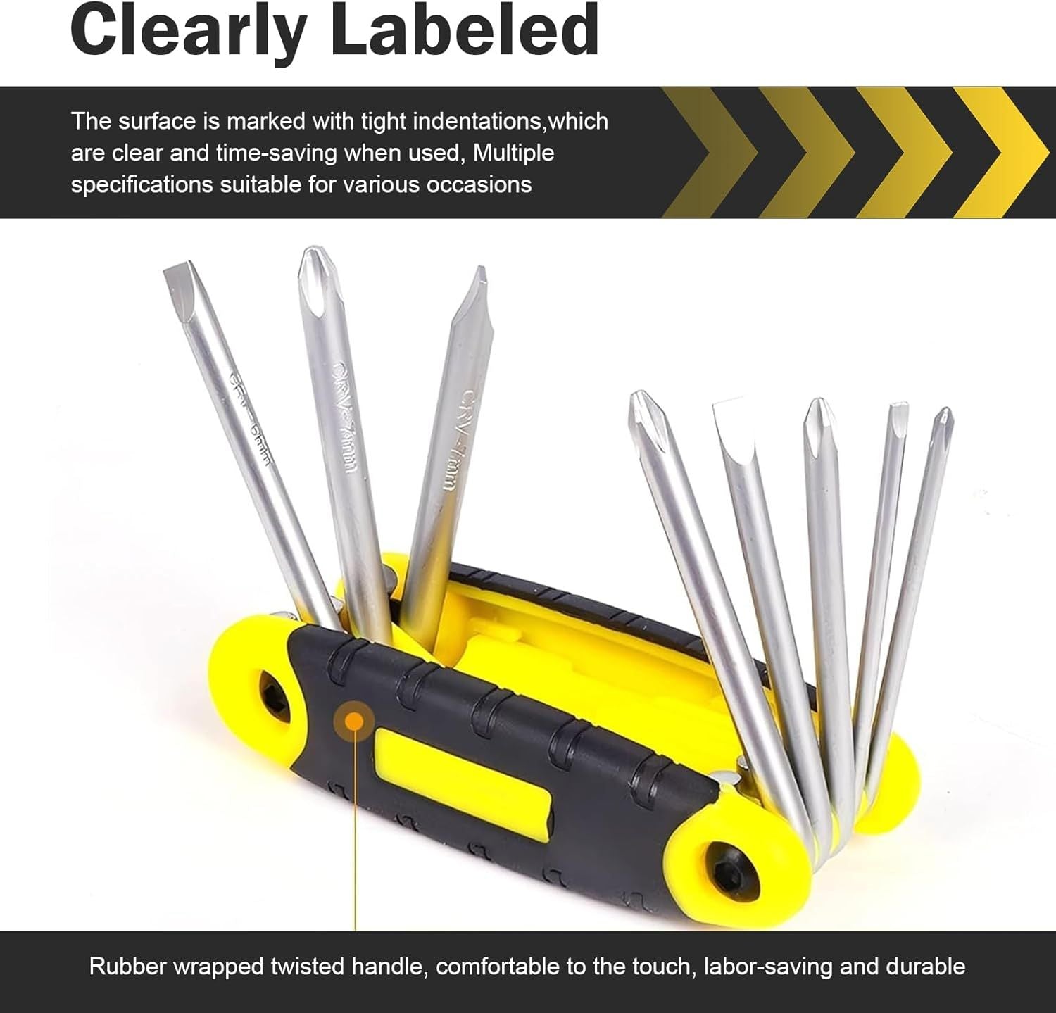 Folding Screwdriver Set, 8-in-1 Foldable High Leverage Screwdriver with Non-slip Handle, Carbon Steel Rustproof Portable Tool, Repair Tool for Car & Bike & Home (Yellow)